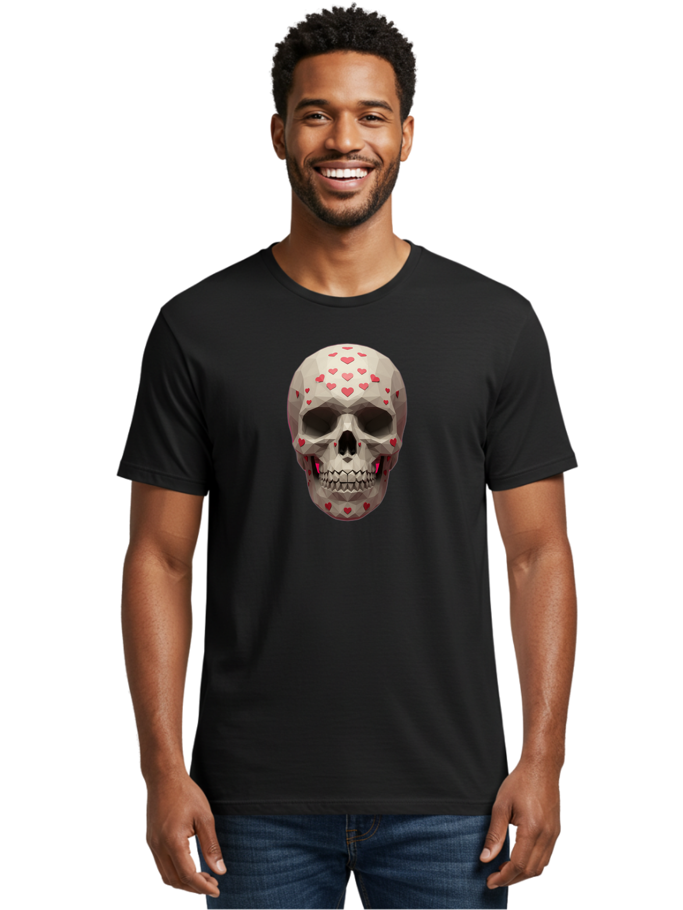 Low-Poly-Skull-With-Hearts Men'S Graphic Tee, 100% Cotton, Comfortable Casual Summer Wear, Machine Washable, Low Poly Skull, 3D Art, Heart Pattern, Red Hearts, Polygonal Design, Skull Art, Modern Art, Graphic Design, Digital Art Bad284