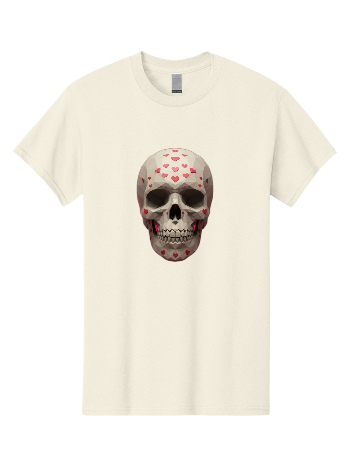 Low-Poly-Skull-With-Hearts Men'S Graphic Tee, 100% Cotton, Comfortable Casual Summer Wear, Machine Washable, Low Poly Skull, 3D Art, Heart Pattern, Red Hearts, Polygonal Design, Skull Art, Modern Art, Graphic Design, Digital Art Bad284