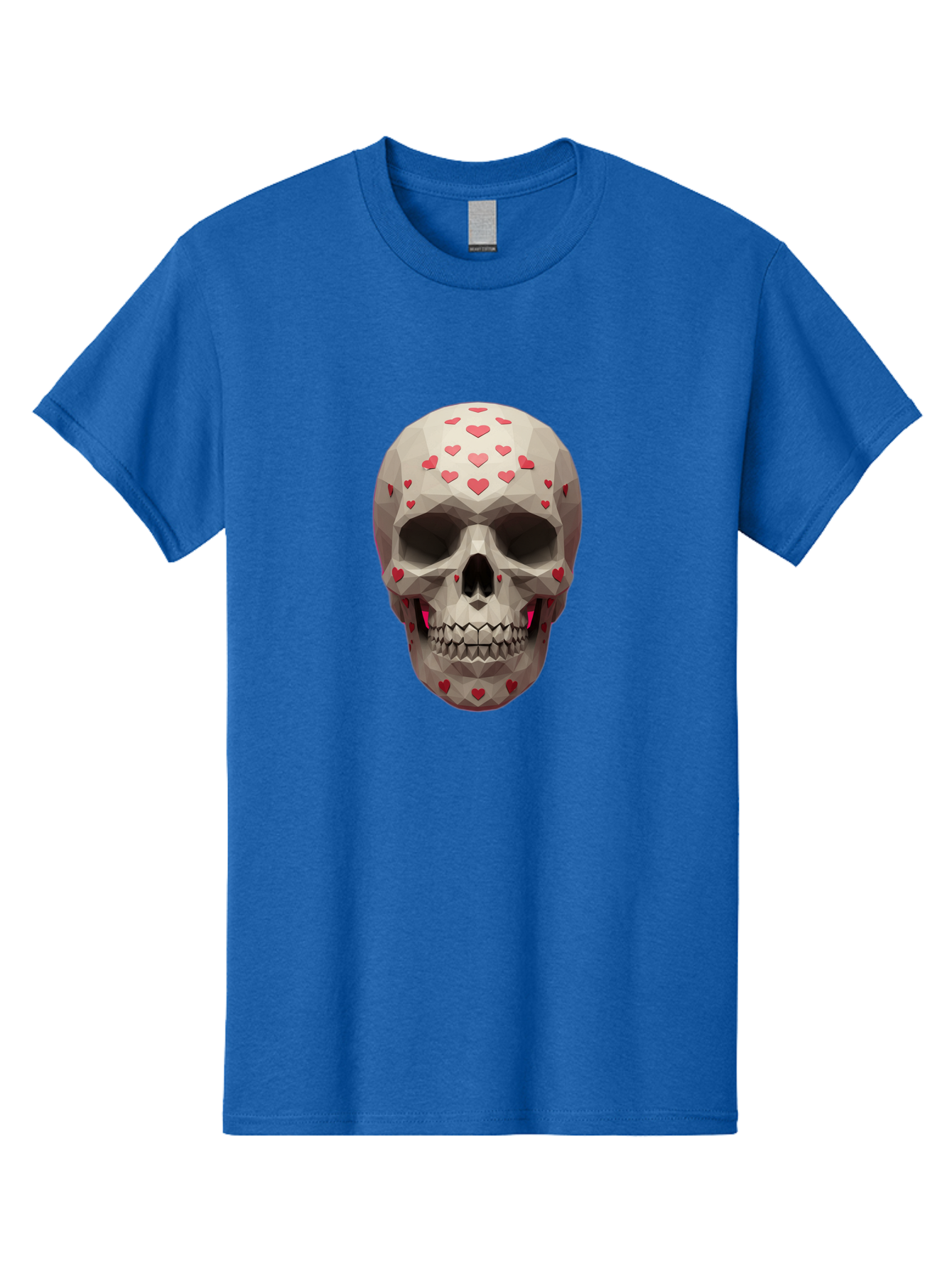 Low-Poly-Skull-With-Hearts Men'S Graphic Tee, 100% Cotton, Comfortable Casual Summer Wear, Machine Washable, Low Poly Skull, 3D Art, Heart Pattern, Red Hearts, Polygonal Design, Skull Art, Modern Art, Graphic Design, Digital Art Bad284