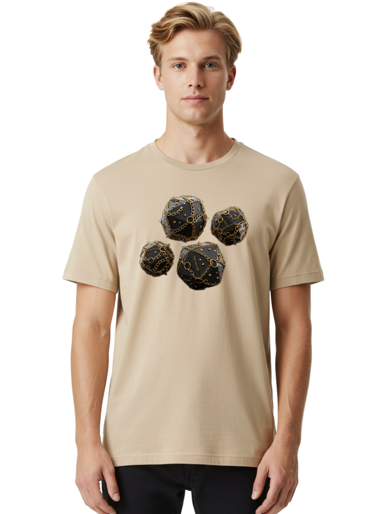 Mace Men'S Graphic Tee, 100% Cotton, Comfortable Casual Summer Wear, Machine Washable, Medieval Spiked Balls, Chain Wrapped, Black And Gold, Historical Warfare, Gothic Design, Heavy Metal, Dark Fantasy, Chainmail Bad287