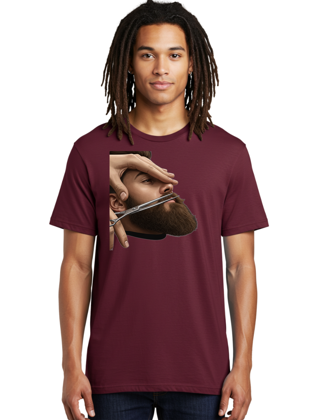 Man-Getting-Beard-Trimmed Men'S Graphic Tee, 100% Cotton, Comfortable Casual Summer Wear, Machine Washable, Beard Grooming, Beard Trimming, Barber Services, Men'S Grooming, Beard Care, Scissors Cutting Beard, Precise Cut, Stylish Beard Bad292