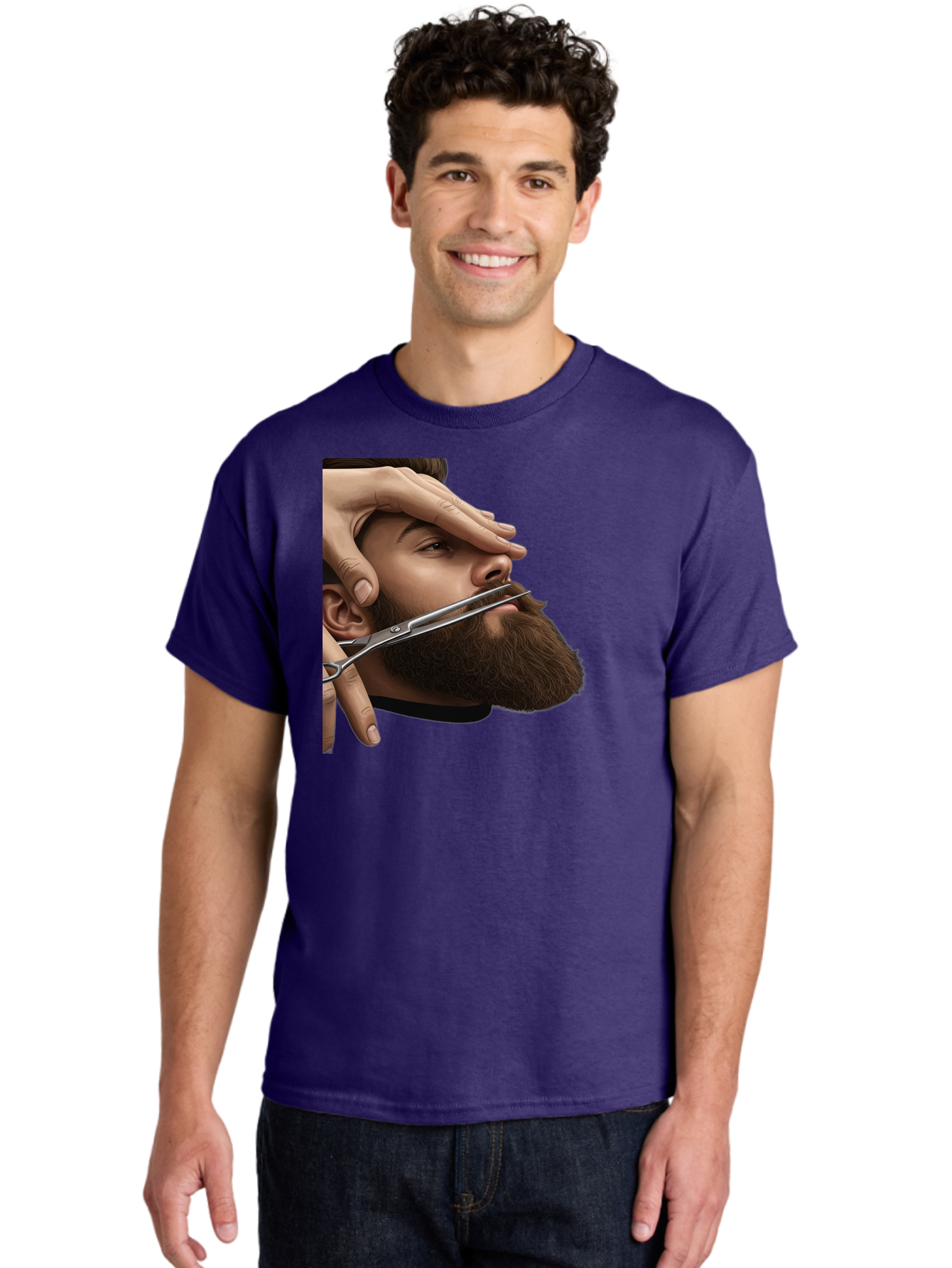 Man-Getting-Beard-Trimmed Men'S Graphic Tee, 100% Cotton, Comfortable Casual Summer Wear, Machine Washable, Beard Grooming, Beard Trimming, Barber Services, Men'S Grooming, Beard Care, Scissors Cutting Beard, Precise Cut, Stylish Beard Bad292