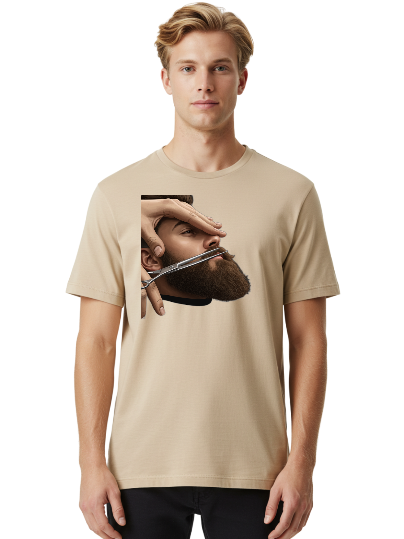 Man-Getting-Beard-Trimmed Men'S Graphic Tee, 100% Cotton, Comfortable Casual Summer Wear, Machine Washable, Beard Grooming, Beard Trimming, Barber Services, Men'S Grooming, Beard Care, Scissors Cutting Beard, Precise Cut, Stylish Beard Bad292