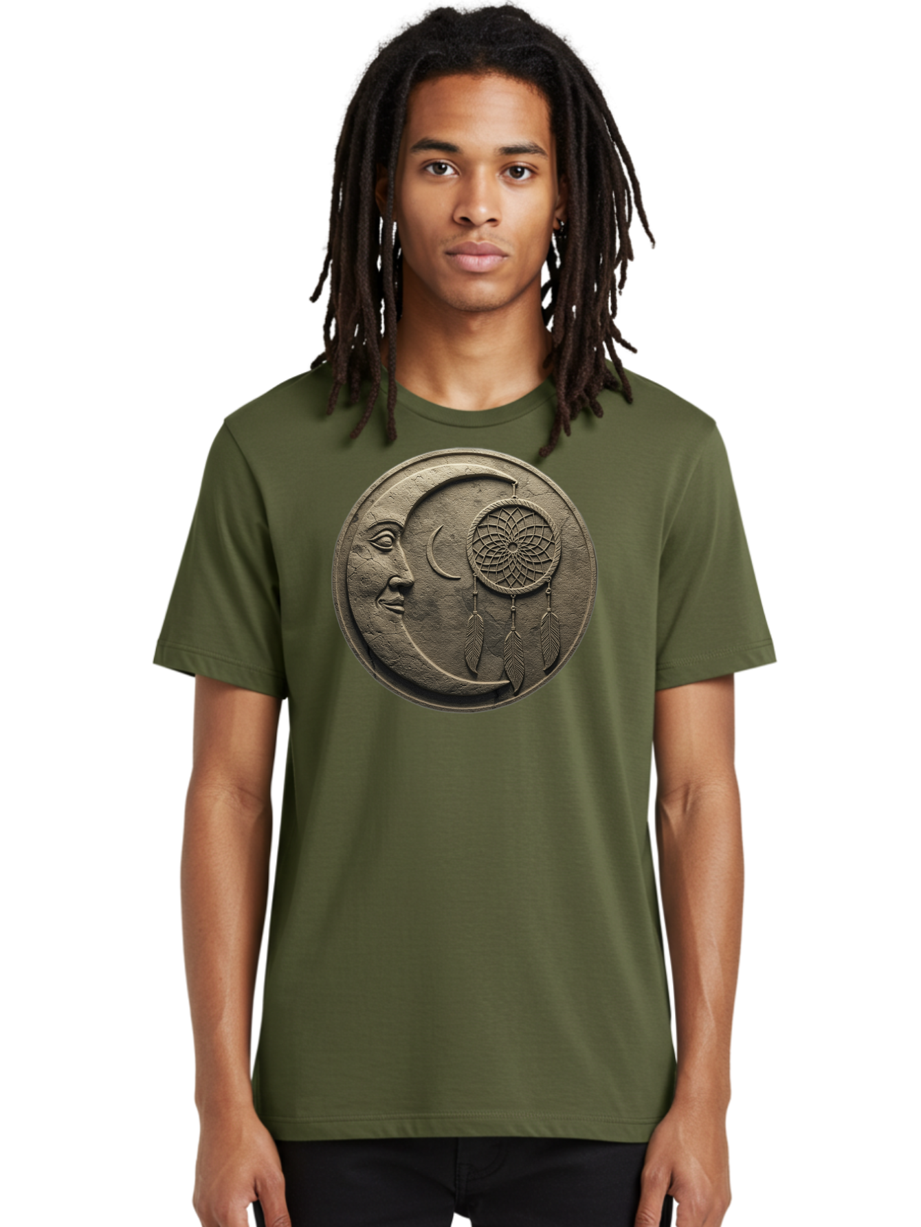 Man-In-The-Moon-Dreamcatcher-Plaque Men'S Graphic Tee, 100% Cotton, Comfortable Casual Summer Wear, Machine Washable, Dreamcatcher, Moon Face, Mystical Symbol, Spiritual Charm, Native American Culture, Handmade Art, Spiritual Protection, Bad293