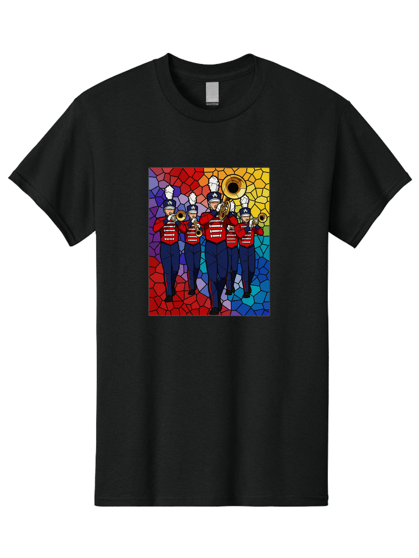 Marching-Band-1 Men'S Graphic Tee, 100% Cotton, Comfortable Casual Summer Wear, Machine Washable, Marching Band, Military Band, Musicians In Uniform, Playing Brass Instruments, Stained Glass Art, Vibrant Colors, Red And Blue Uniforms, Bad295