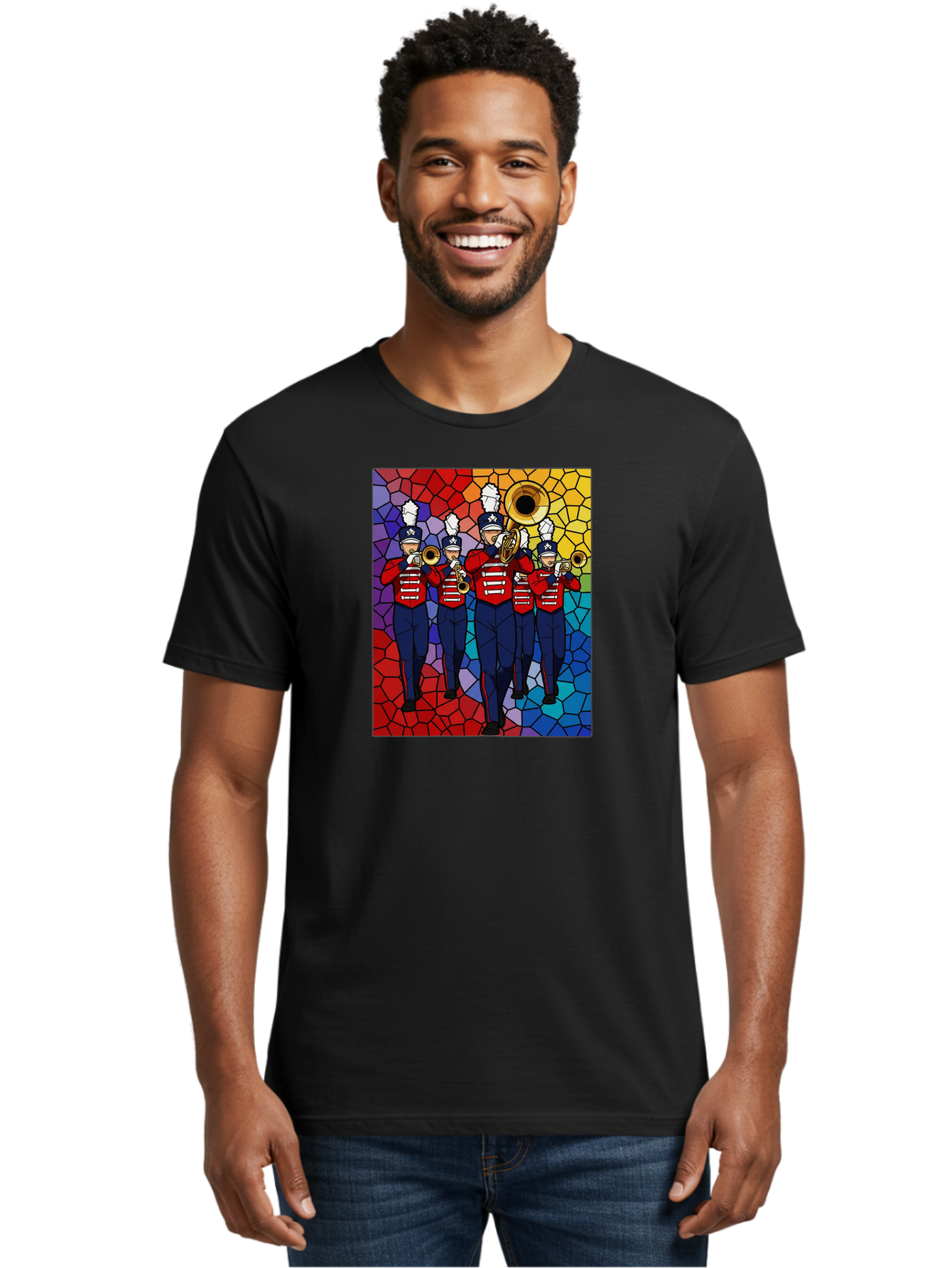 Marching-Band-1 Men'S Graphic Tee, 100% Cotton, Comfortable Casual Summer Wear, Machine Washable, Marching Band, Military Band, Musicians In Uniform, Playing Brass Instruments, Stained Glass Art, Vibrant Colors, Red And Blue Uniforms, Bad295