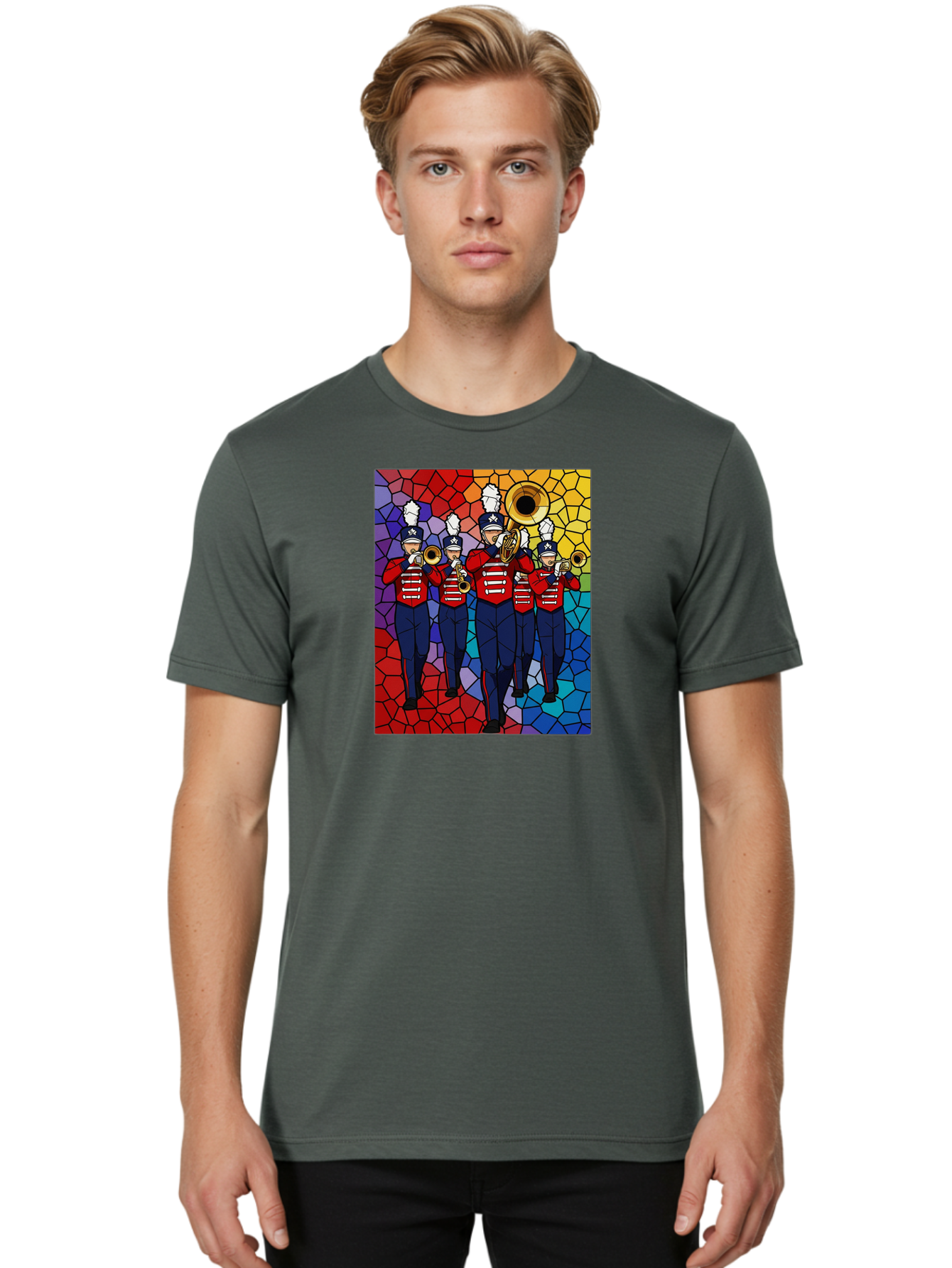 Marching-Band-1 Men'S Graphic Tee, 100% Cotton, Comfortable Casual Summer Wear, Machine Washable, Marching Band, Military Band, Musicians In Uniform, Playing Brass Instruments, Stained Glass Art, Vibrant Colors, Red And Blue Uniforms, Bad295