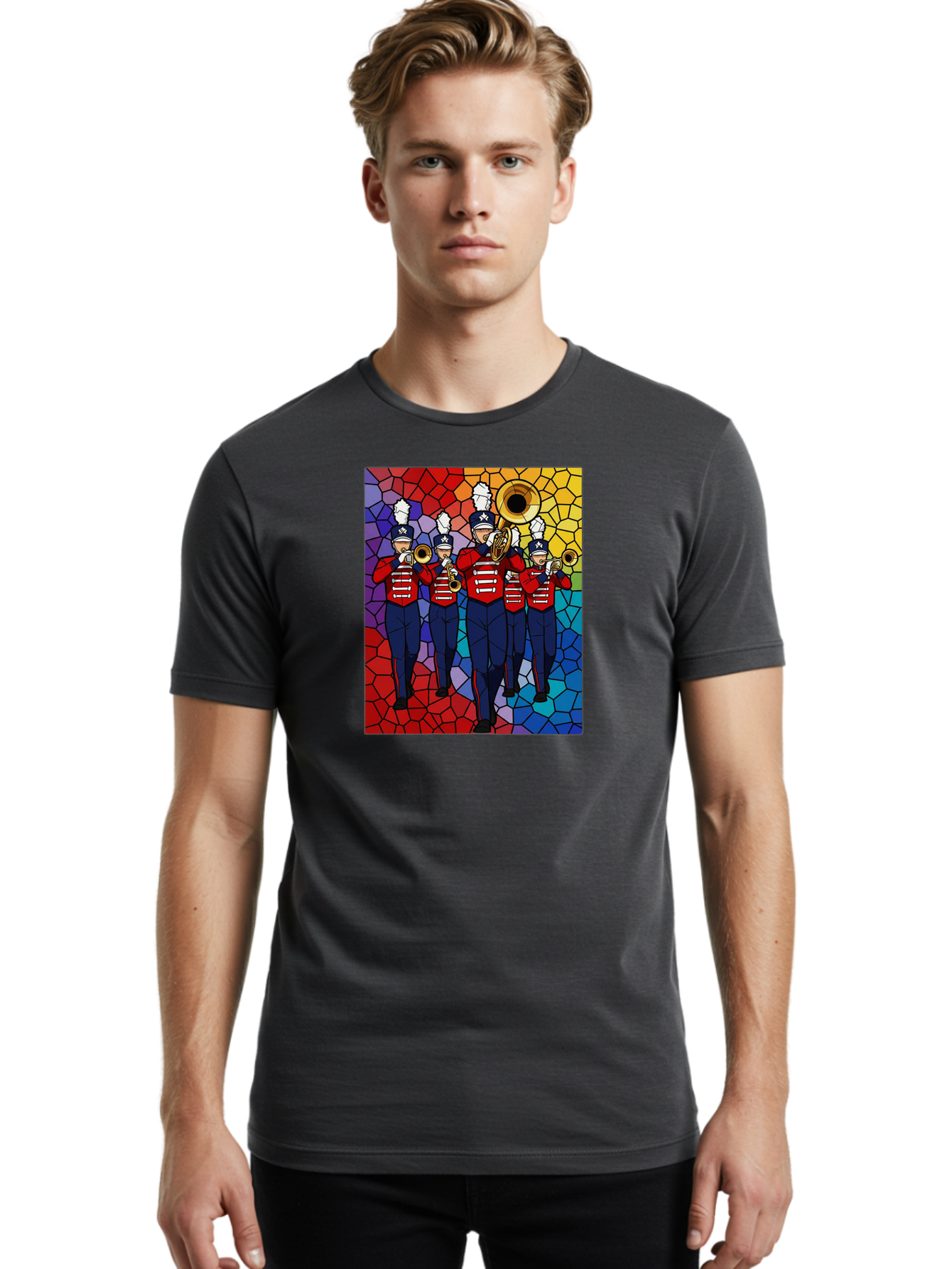 Marching-Band-1 Men'S Graphic Tee, 100% Cotton, Comfortable Casual Summer Wear, Machine Washable, Marching Band, Military Band, Musicians In Uniform, Playing Brass Instruments, Stained Glass Art, Vibrant Colors, Red And Blue Uniforms, Bad295
