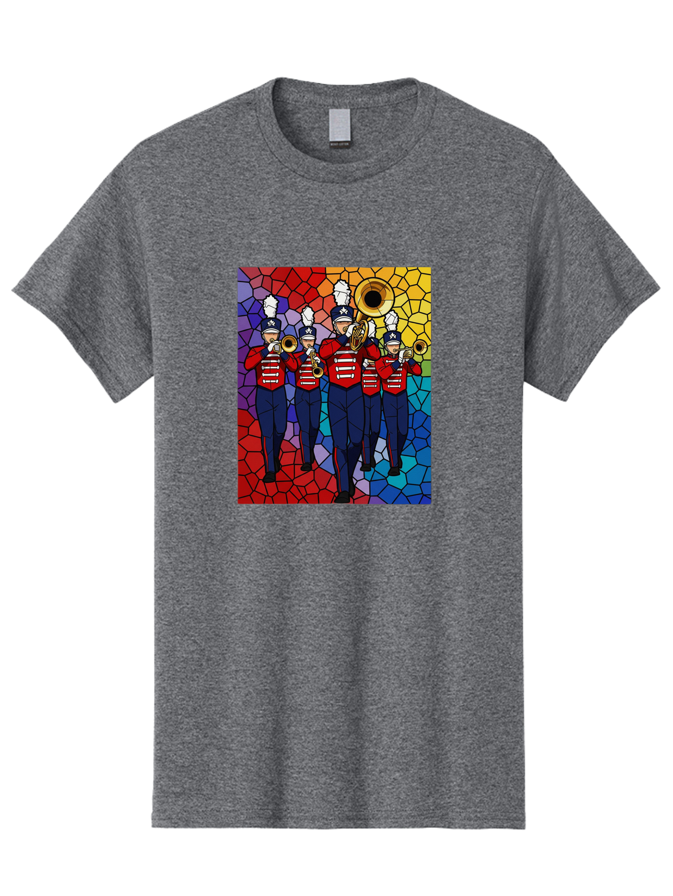 Marching-Band-1 Men'S Graphic Tee, 100% Cotton, Comfortable Casual Summer Wear, Machine Washable, Marching Band, Military Band, Musicians In Uniform, Playing Brass Instruments, Stained Glass Art, Vibrant Colors, Red And Blue Uniforms, Bad295