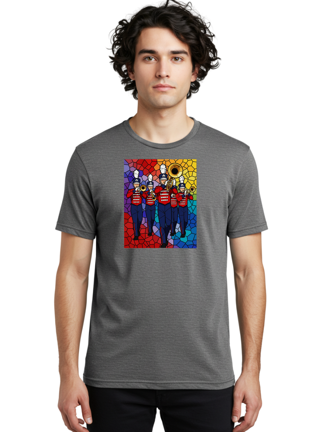 Marching-Band-1 Men'S Graphic Tee, 100% Cotton, Comfortable Casual Summer Wear, Machine Washable, Marching Band, Military Band, Musicians In Uniform, Playing Brass Instruments, Stained Glass Art, Vibrant Colors, Red And Blue Uniforms, Bad295