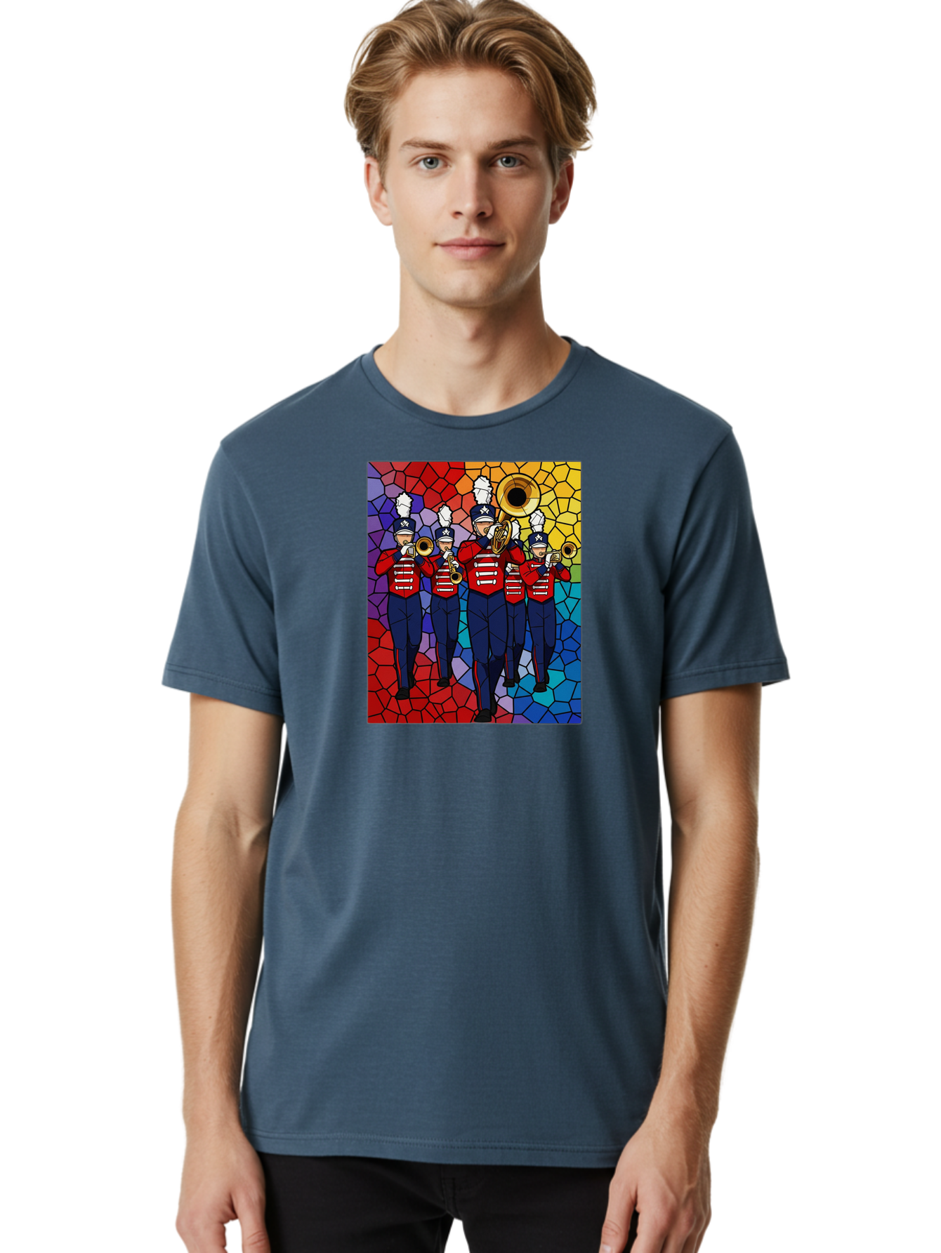Marching-Band-1 Men'S Graphic Tee, 100% Cotton, Comfortable Casual Summer Wear, Machine Washable, Marching Band, Military Band, Musicians In Uniform, Playing Brass Instruments, Stained Glass Art, Vibrant Colors, Red And Blue Uniforms, Bad295