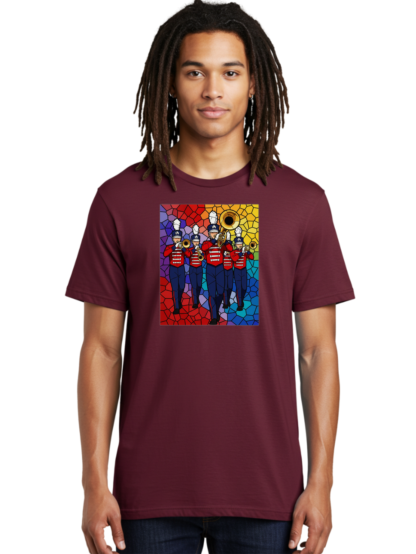 Marching-Band-1 Men'S Graphic Tee, 100% Cotton, Comfortable Casual Summer Wear, Machine Washable, Marching Band, Military Band, Musicians In Uniform, Playing Brass Instruments, Stained Glass Art, Vibrant Colors, Red And Blue Uniforms, Bad295