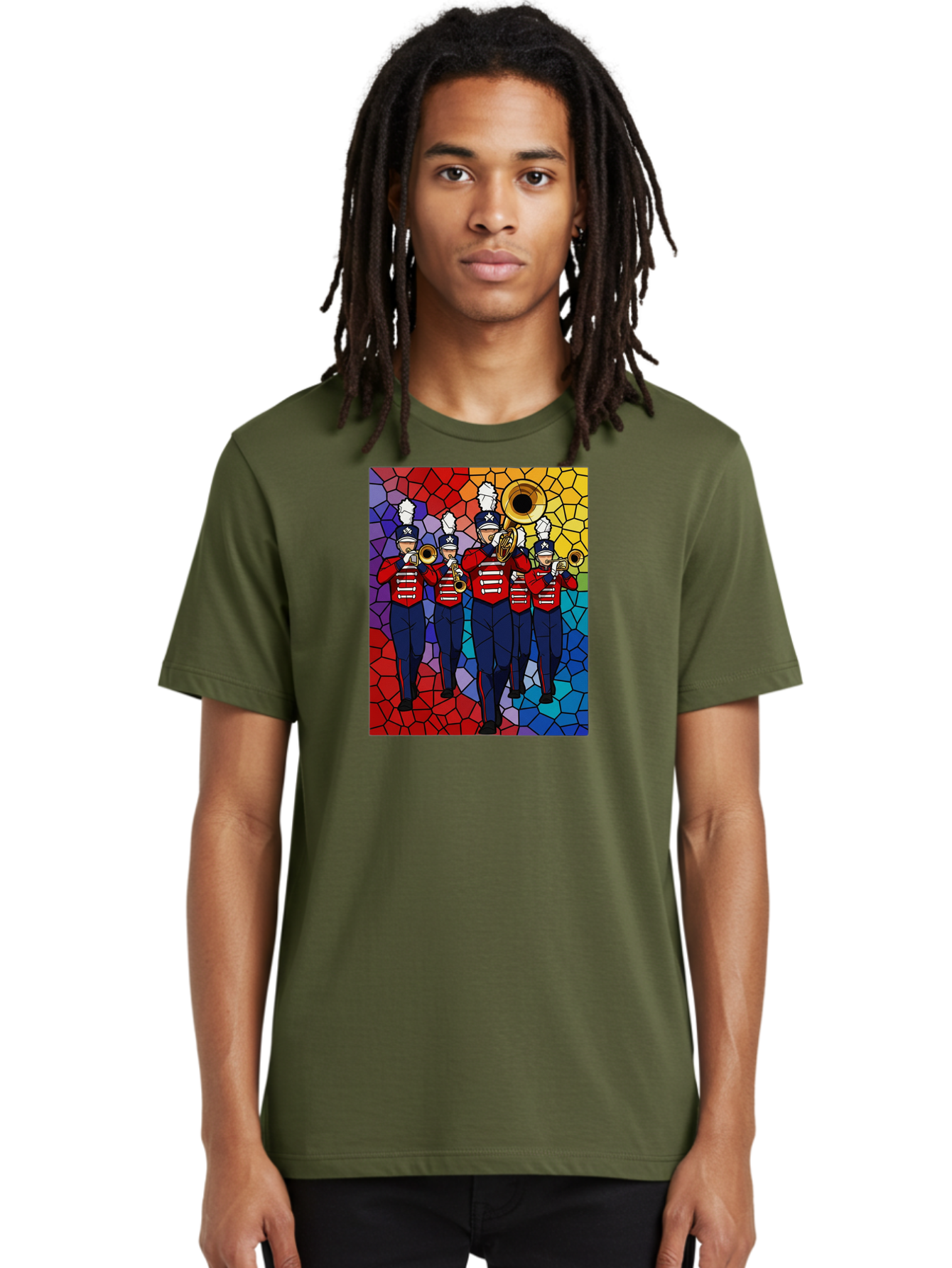 Marching-Band-1 Men'S Graphic Tee, 100% Cotton, Comfortable Casual Summer Wear, Machine Washable, Marching Band, Military Band, Musicians In Uniform, Playing Brass Instruments, Stained Glass Art, Vibrant Colors, Red And Blue Uniforms, Bad295