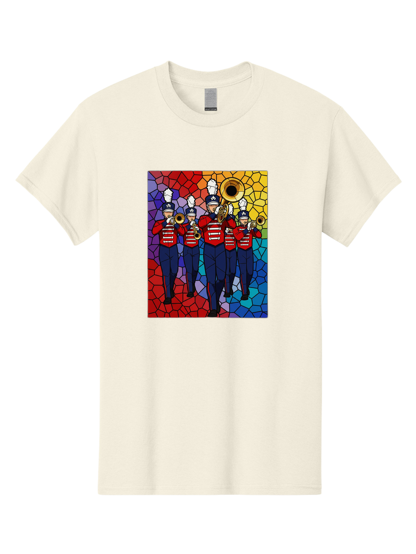 Marching-Band-1 Men'S Graphic Tee, 100% Cotton, Comfortable Casual Summer Wear, Machine Washable, Marching Band, Military Band, Musicians In Uniform, Playing Brass Instruments, Stained Glass Art, Vibrant Colors, Red And Blue Uniforms, Bad295