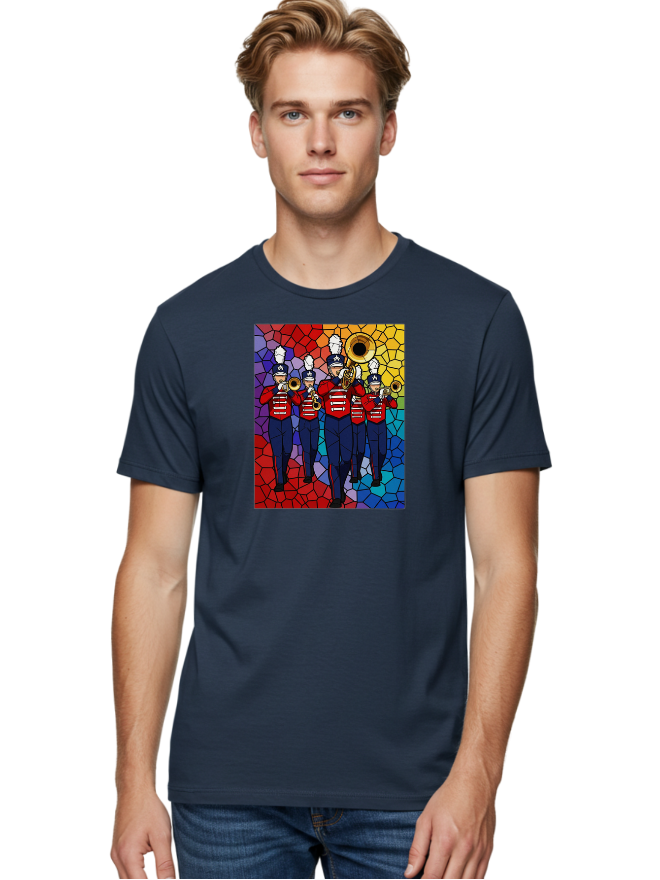 Marching-Band-1 Men'S Graphic Tee, 100% Cotton, Comfortable Casual Summer Wear, Machine Washable, Marching Band, Military Band, Musicians In Uniform, Playing Brass Instruments, Stained Glass Art, Vibrant Colors, Red And Blue Uniforms, Bad295