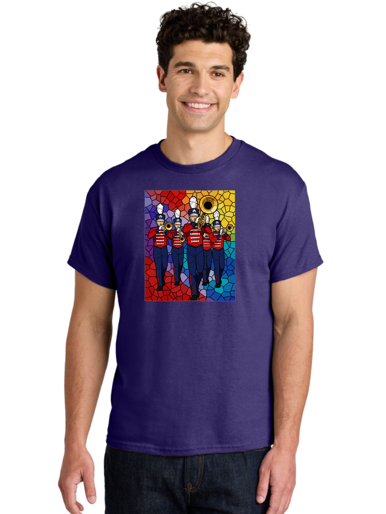Marching-Band-1 Men'S Graphic Tee, 100% Cotton, Comfortable Casual Summer Wear, Machine Washable, Marching Band, Military Band, Musicians In Uniform, Playing Brass Instruments, Stained Glass Art, Vibrant Colors, Red And Blue Uniforms, Bad295