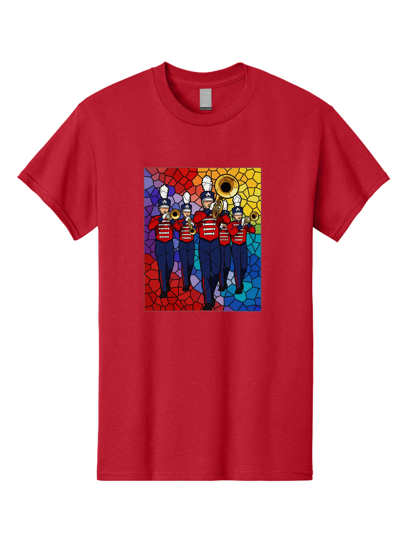 Marching-Band-1 Men'S Graphic Tee, 100% Cotton, Comfortable Casual Summer Wear, Machine Washable, Marching Band, Military Band, Musicians In Uniform, Playing Brass Instruments, Stained Glass Art, Vibrant Colors, Red And Blue Uniforms, Bad295