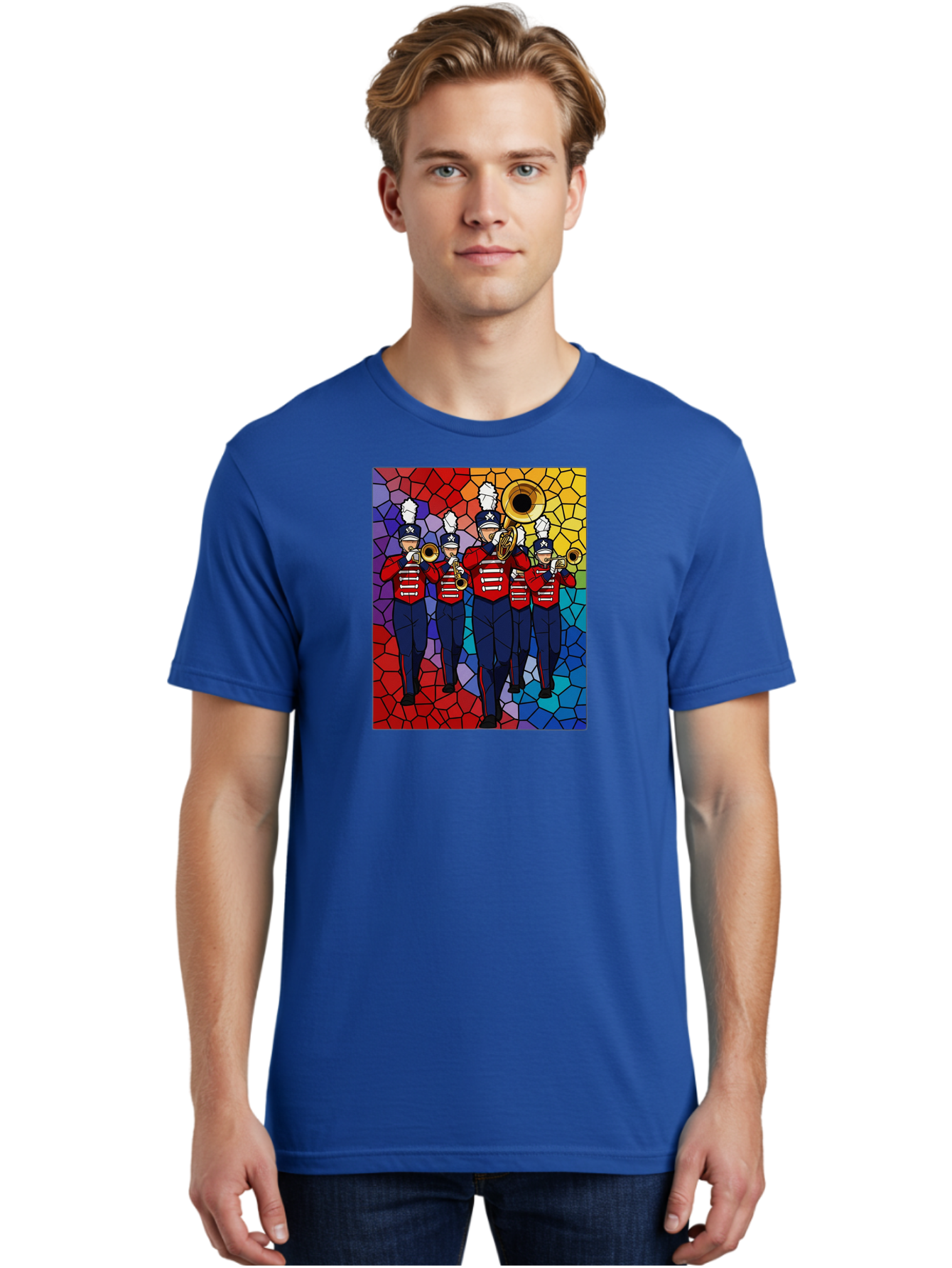 Marching-Band-1 Men'S Graphic Tee, 100% Cotton, Comfortable Casual Summer Wear, Machine Washable, Marching Band, Military Band, Musicians In Uniform, Playing Brass Instruments, Stained Glass Art, Vibrant Colors, Red And Blue Uniforms, Bad295
