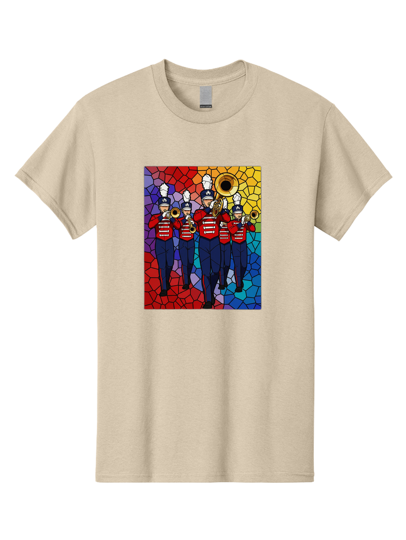 Marching-Band-1 Men'S Graphic Tee, 100% Cotton, Comfortable Casual Summer Wear, Machine Washable, Marching Band, Military Band, Musicians In Uniform, Playing Brass Instruments, Stained Glass Art, Vibrant Colors, Red And Blue Uniforms, Bad295