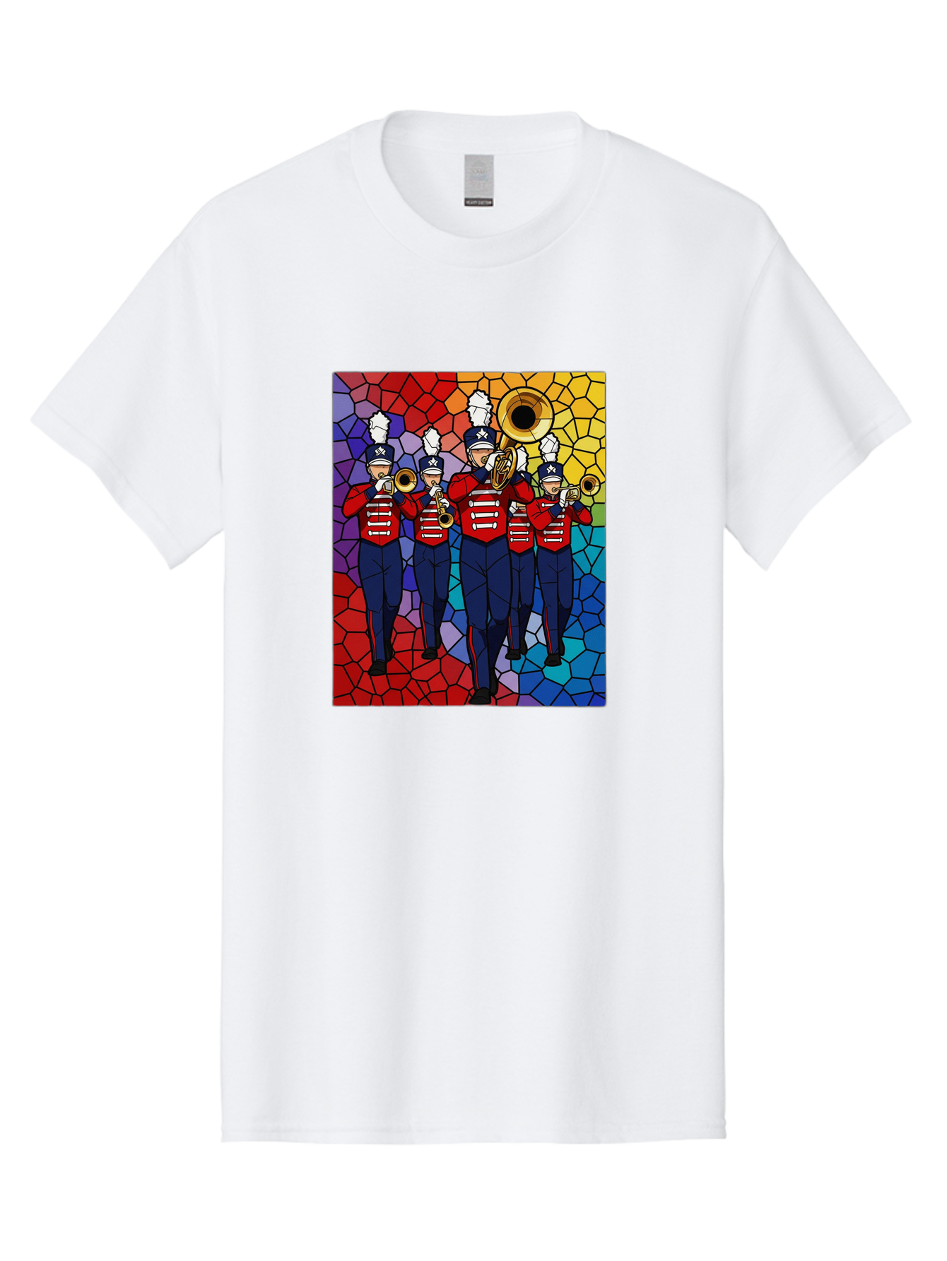 Marching-Band-1 Men'S Graphic Tee, 100% Cotton, Comfortable Casual Summer Wear, Machine Washable, Marching Band, Military Band, Musicians In Uniform, Playing Brass Instruments, Stained Glass Art, Vibrant Colors, Red And Blue Uniforms, Bad295
