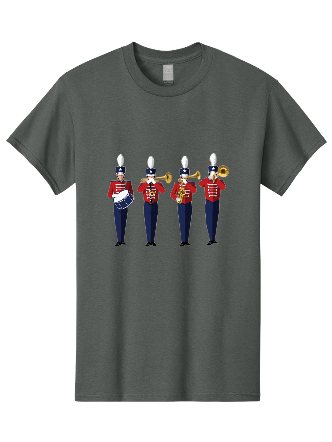 Marching-Band Men'S Graphic Tee, 100% Cotton, Comfortable Casual Summer Wear, Machine Washable, Marching Band Performers, Red Uniform, Blue Pants, White Star Hat, Playing Drum, Trumpet, Saxophone, Musical Performance, Patriotic Theme, Bad296