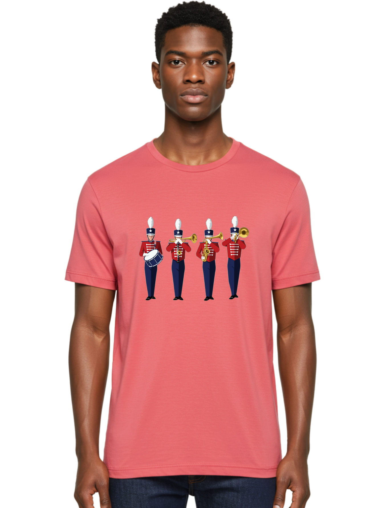 Marching-Band Men'S Graphic Tee, 100% Cotton, Comfortable Casual Summer Wear, Machine Washable, Marching Band Performers, Red Uniform, Blue Pants, White Star Hat, Playing Drum, Trumpet, Saxophone, Musical Performance, Patriotic Theme, Bad296