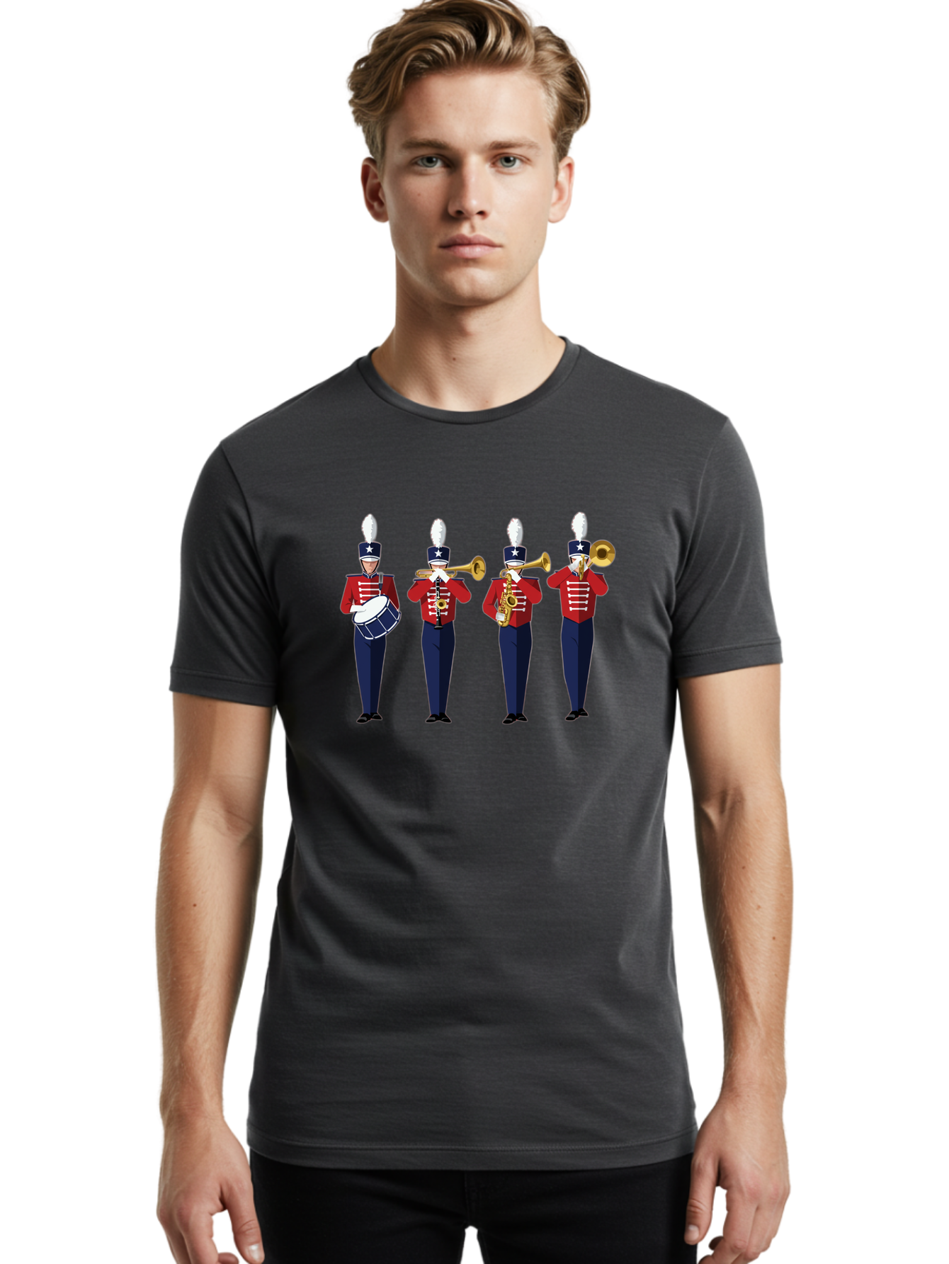Marching-Band Men'S Graphic Tee, 100% Cotton, Comfortable Casual Summer Wear, Machine Washable, Marching Band Performers, Red Uniform, Blue Pants, White Star Hat, Playing Drum, Trumpet, Saxophone, Musical Performance, Patriotic Theme, Bad296