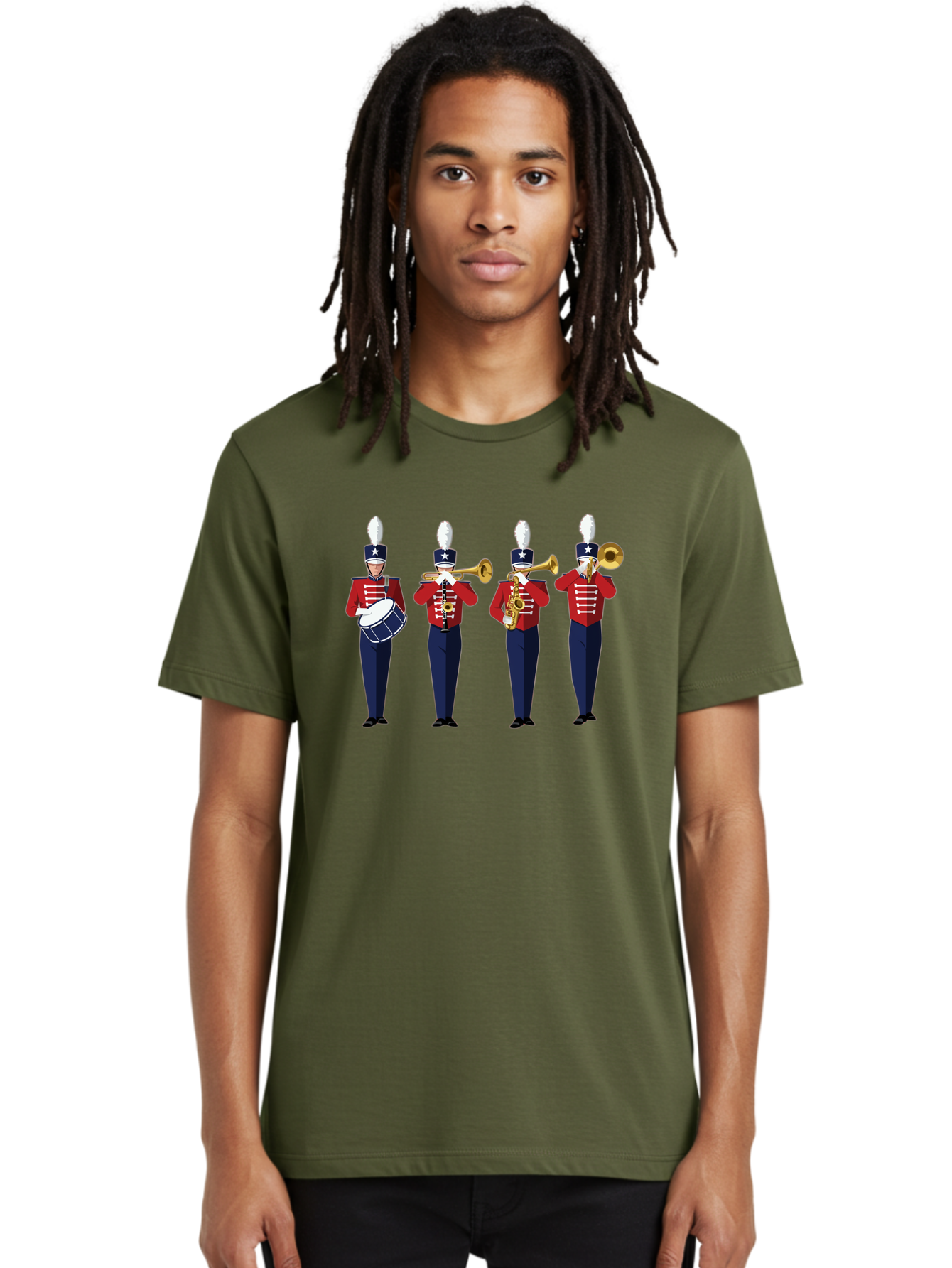 Marching-Band Men'S Graphic Tee, 100% Cotton, Comfortable Casual Summer Wear, Machine Washable, Marching Band Performers, Red Uniform, Blue Pants, White Star Hat, Playing Drum, Trumpet, Saxophone, Musical Performance, Patriotic Theme, Bad296