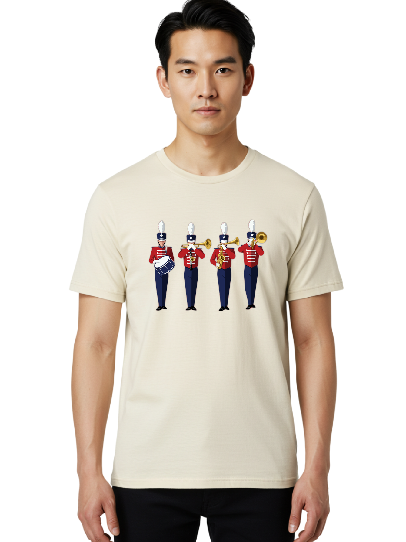 Marching-Band Men'S Graphic Tee, 100% Cotton, Comfortable Casual Summer Wear, Machine Washable, Marching Band Performers, Red Uniform, Blue Pants, White Star Hat, Playing Drum, Trumpet, Saxophone, Musical Performance, Patriotic Theme, Bad296