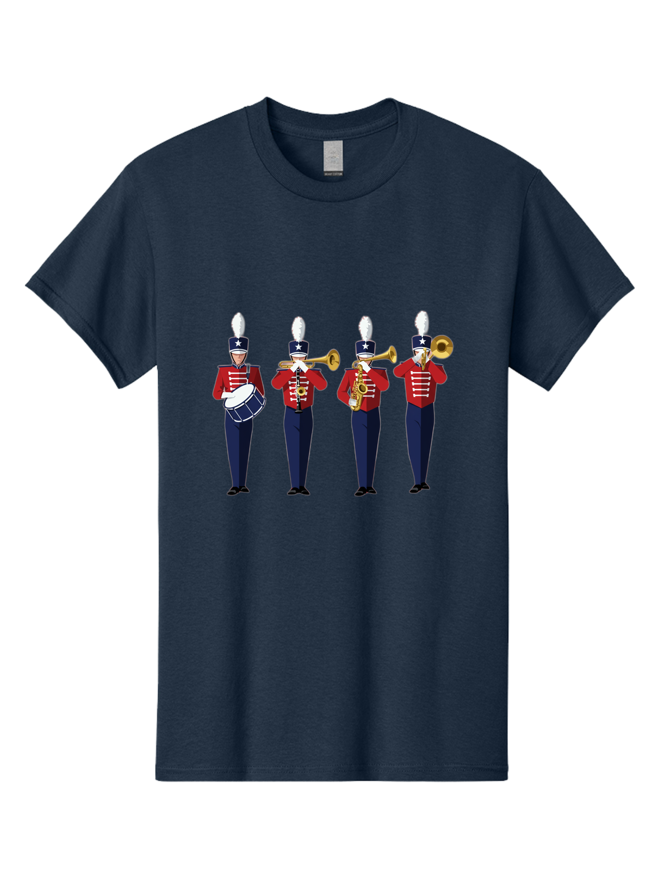 Marching-Band Men'S Graphic Tee, 100% Cotton, Comfortable Casual Summer Wear, Machine Washable, Marching Band Performers, Red Uniform, Blue Pants, White Star Hat, Playing Drum, Trumpet, Saxophone, Musical Performance, Patriotic Theme, Bad296