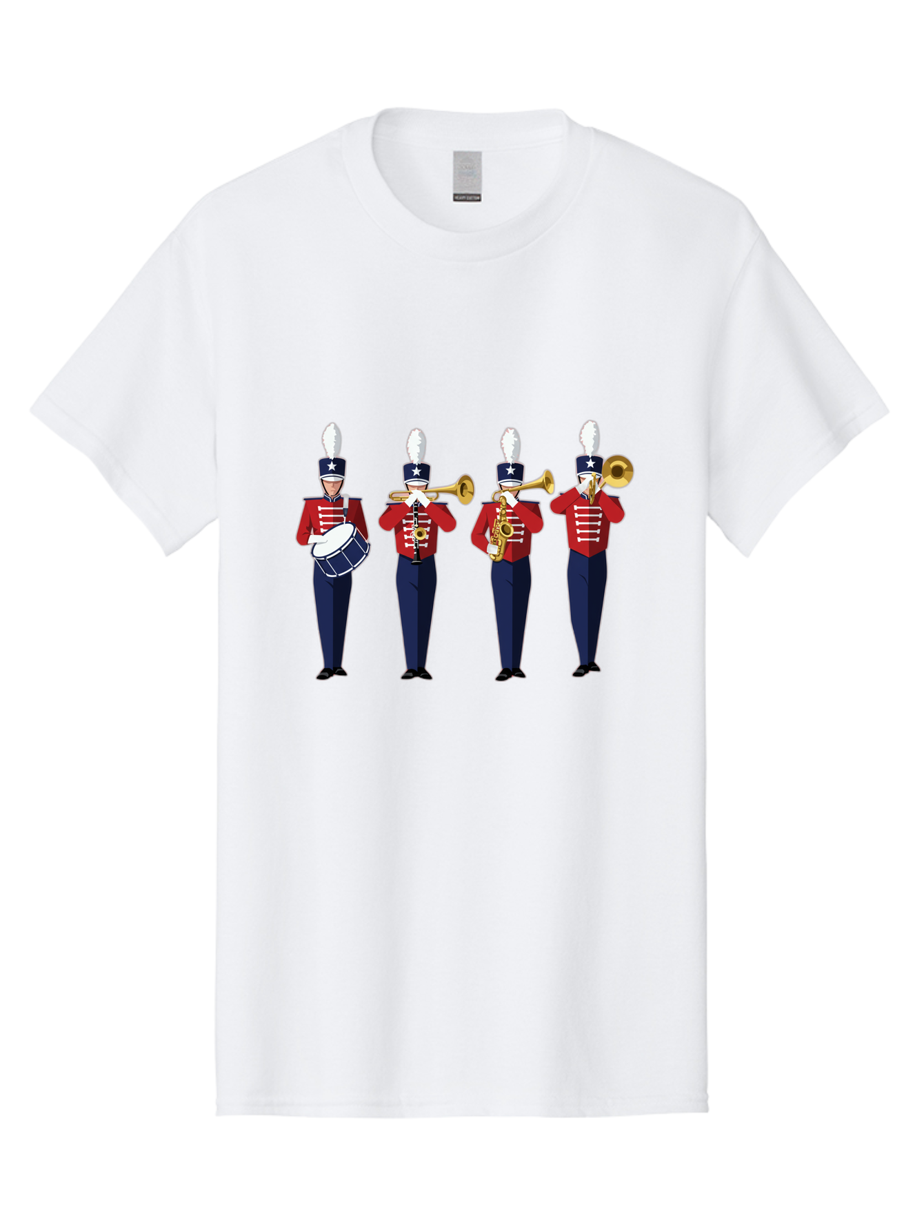 Marching-Band Men'S Graphic Tee, 100% Cotton, Comfortable Casual Summer Wear, Machine Washable, Marching Band Performers, Red Uniform, Blue Pants, White Star Hat, Playing Drum, Trumpet, Saxophone, Musical Performance, Patriotic Theme, Bad296