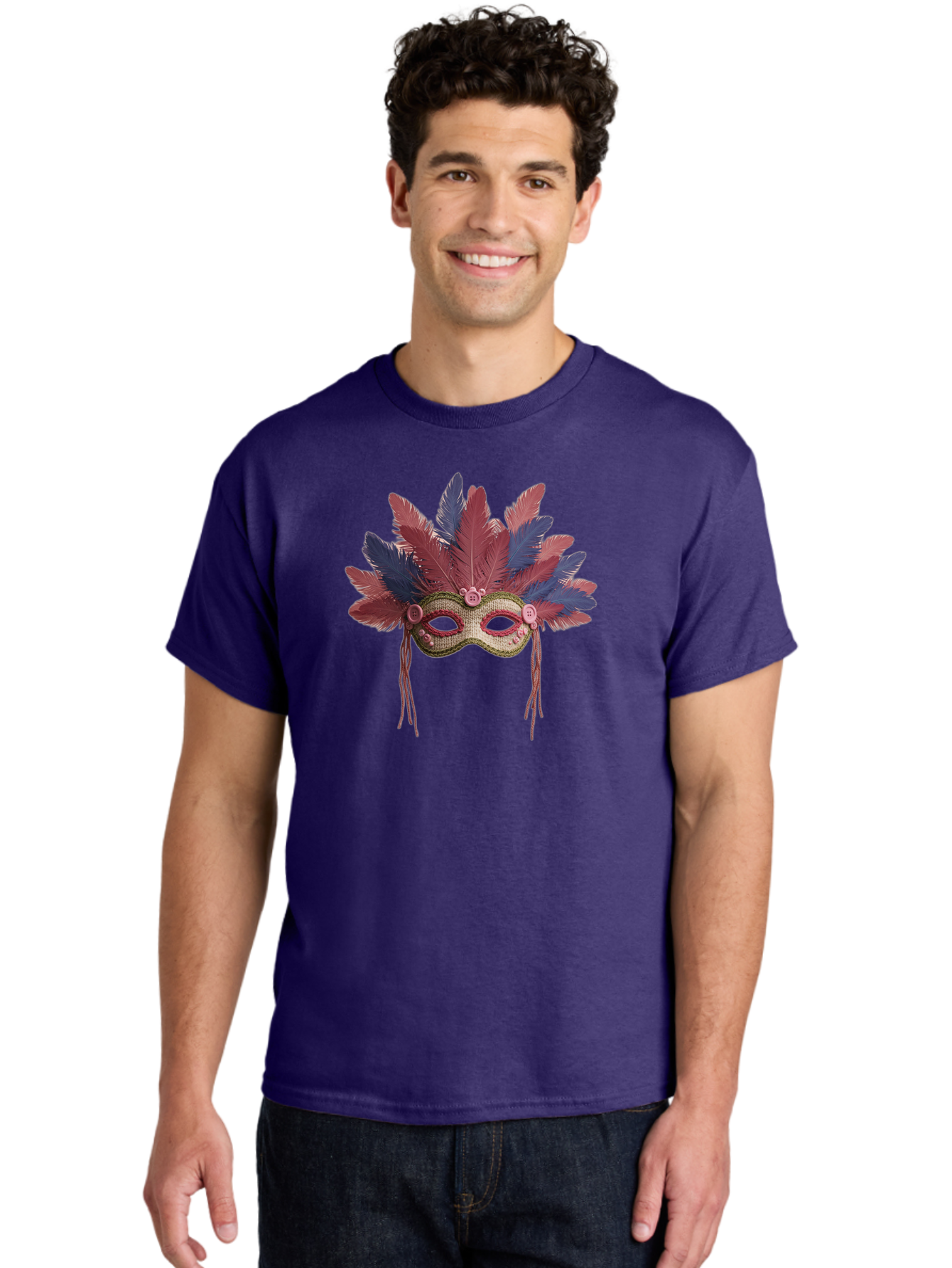 Mardi-Gras-Mask Men'S Graphic Tee, 100% Cotton, Comfortable Casual Summer Wear, Machine Washable, Vibrant Mardi Gras Mask, Red And Blue Feathers, Fancy Decoration, Festive Theme, Celebration, Colorful, Elaborate Design Bad297