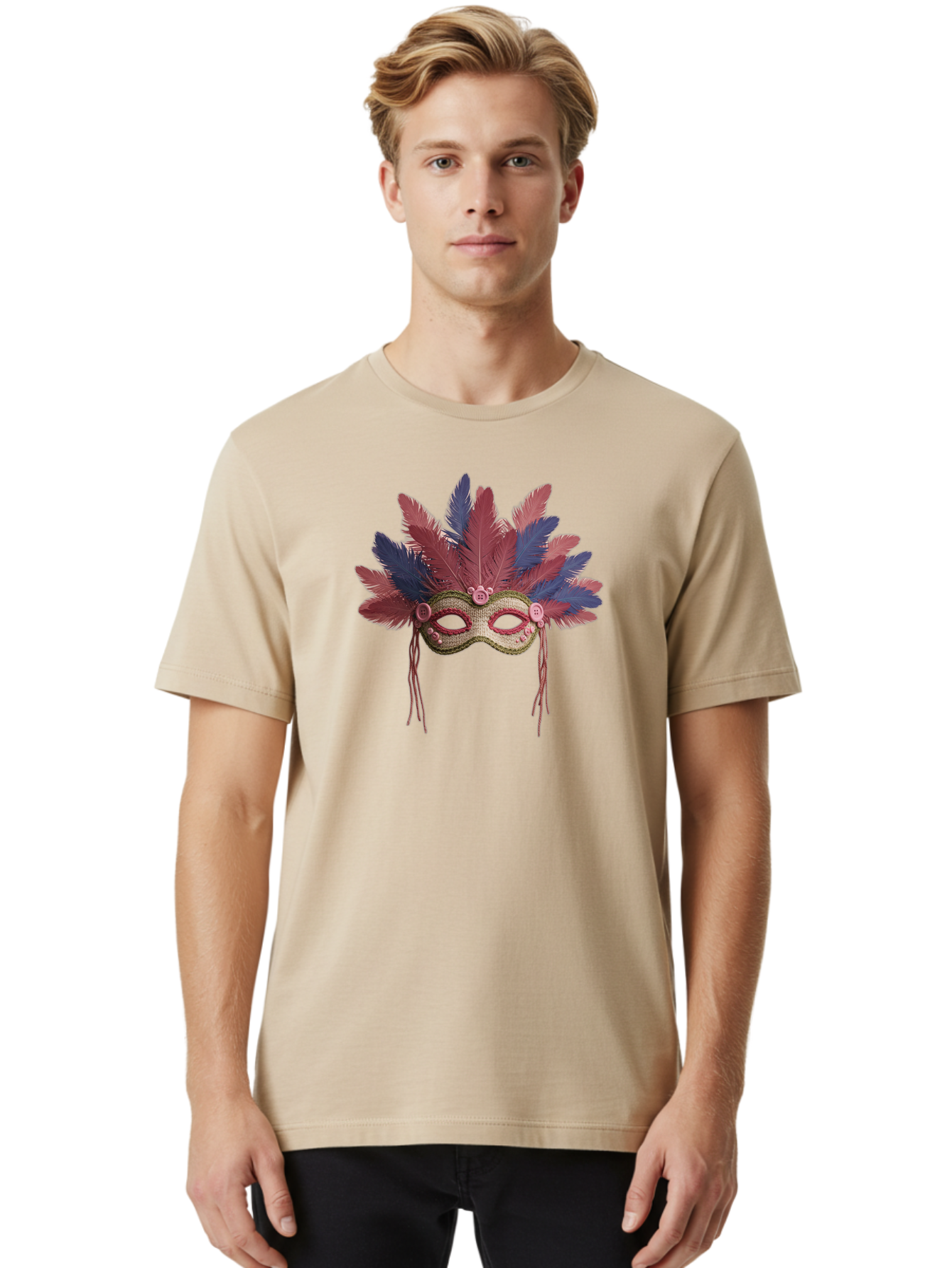 Mardi-Gras-Mask Men'S Graphic Tee, 100% Cotton, Comfortable Casual Summer Wear, Machine Washable, Vibrant Mardi Gras Mask, Red And Blue Feathers, Fancy Decoration, Festive Theme, Celebration, Colorful, Elaborate Design Bad297