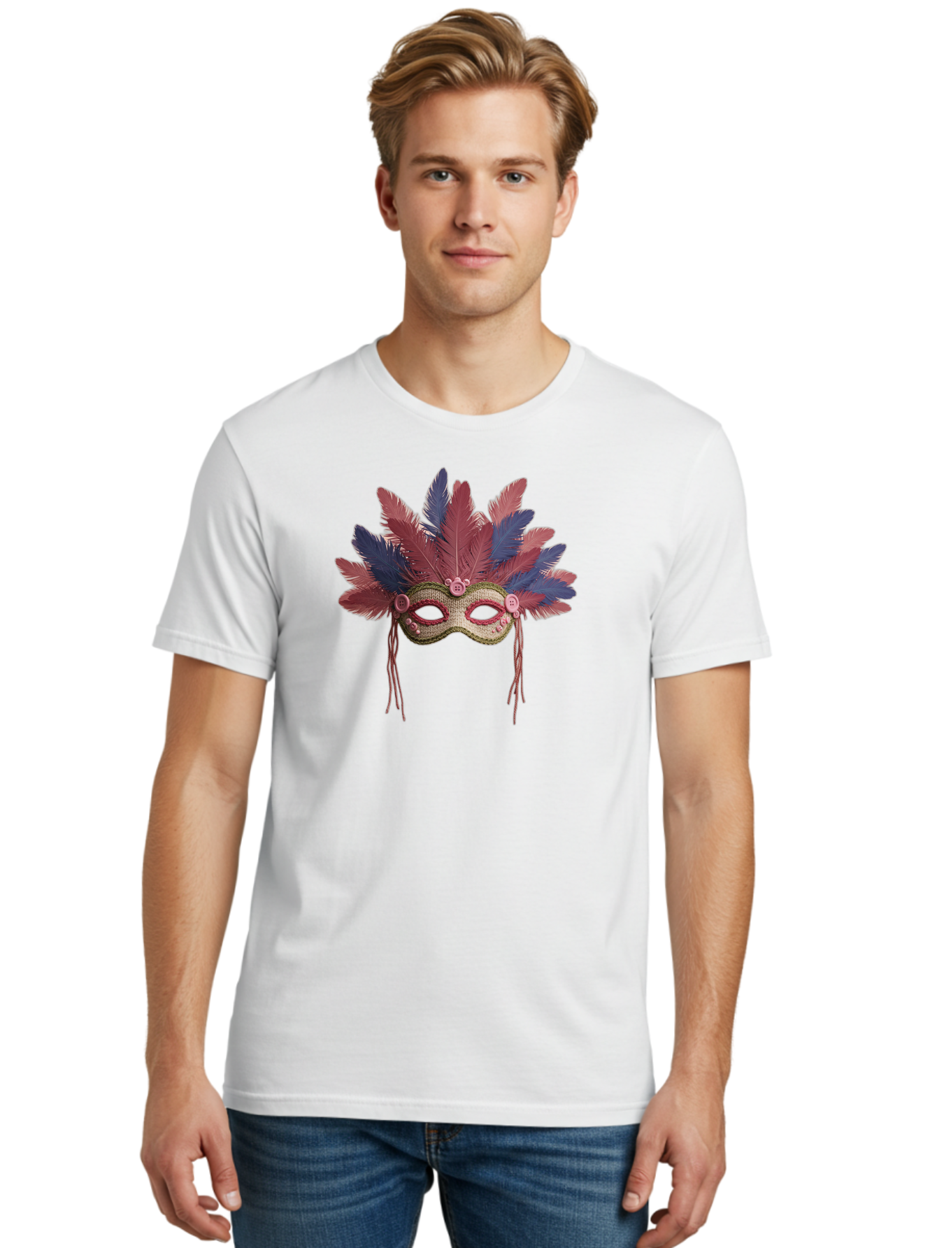 Mardi-Gras-Mask Men'S Graphic Tee, 100% Cotton, Comfortable Casual Summer Wear, Machine Washable, Vibrant Mardi Gras Mask, Red And Blue Feathers, Fancy Decoration, Festive Theme, Celebration, Colorful, Elaborate Design Bad297