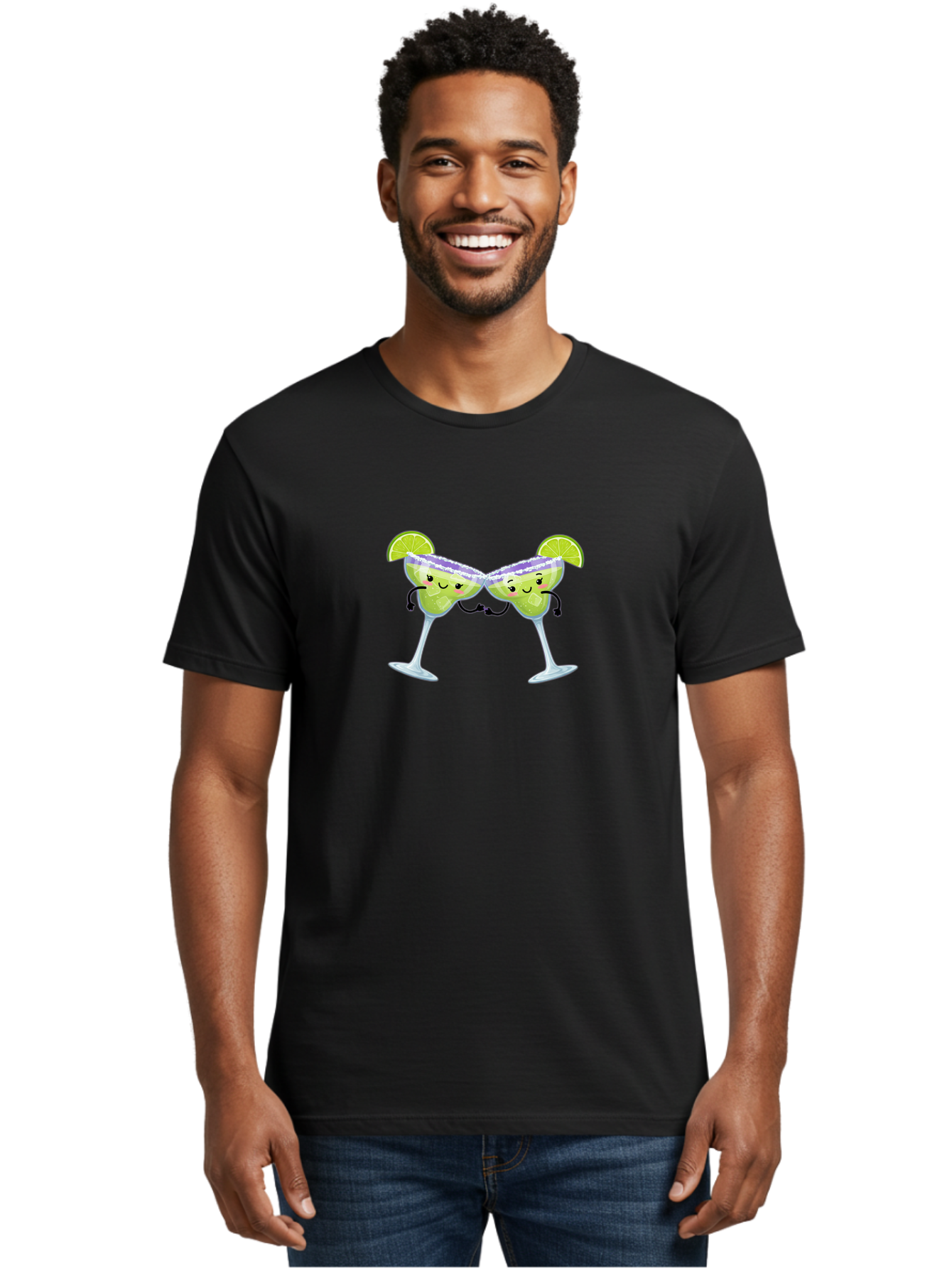 Margaritas Men'S Graphic Tee, 100% Cotton, Comfortable Casual Summer Wear, Machine Washable, Cartoon Cocktail Glasses, Margarita Glasses With Smiling Faces, Intertwined Stems, Lime Wedges, Happy Hour, Festive Drinks, Cocktail Party, Bad298
