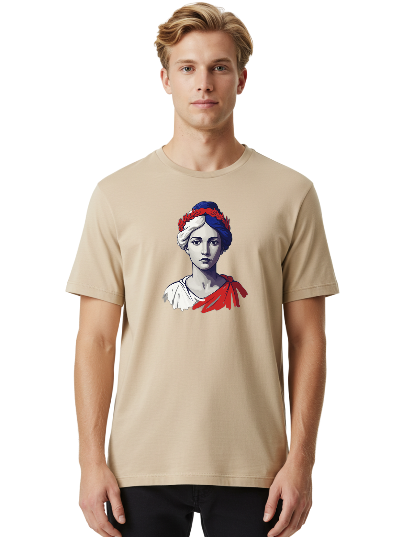 Marianne Men'S Graphic Tee, 100% Cotton, Comfortable Casual Summer Wear, Machine Washable, Woman Wearing Red Laurel Wreath, Red Ribbon, French Flag Colors, Symbolic Figure, National Personification, Liberty, French Culture, Classic Portrait, Bad299