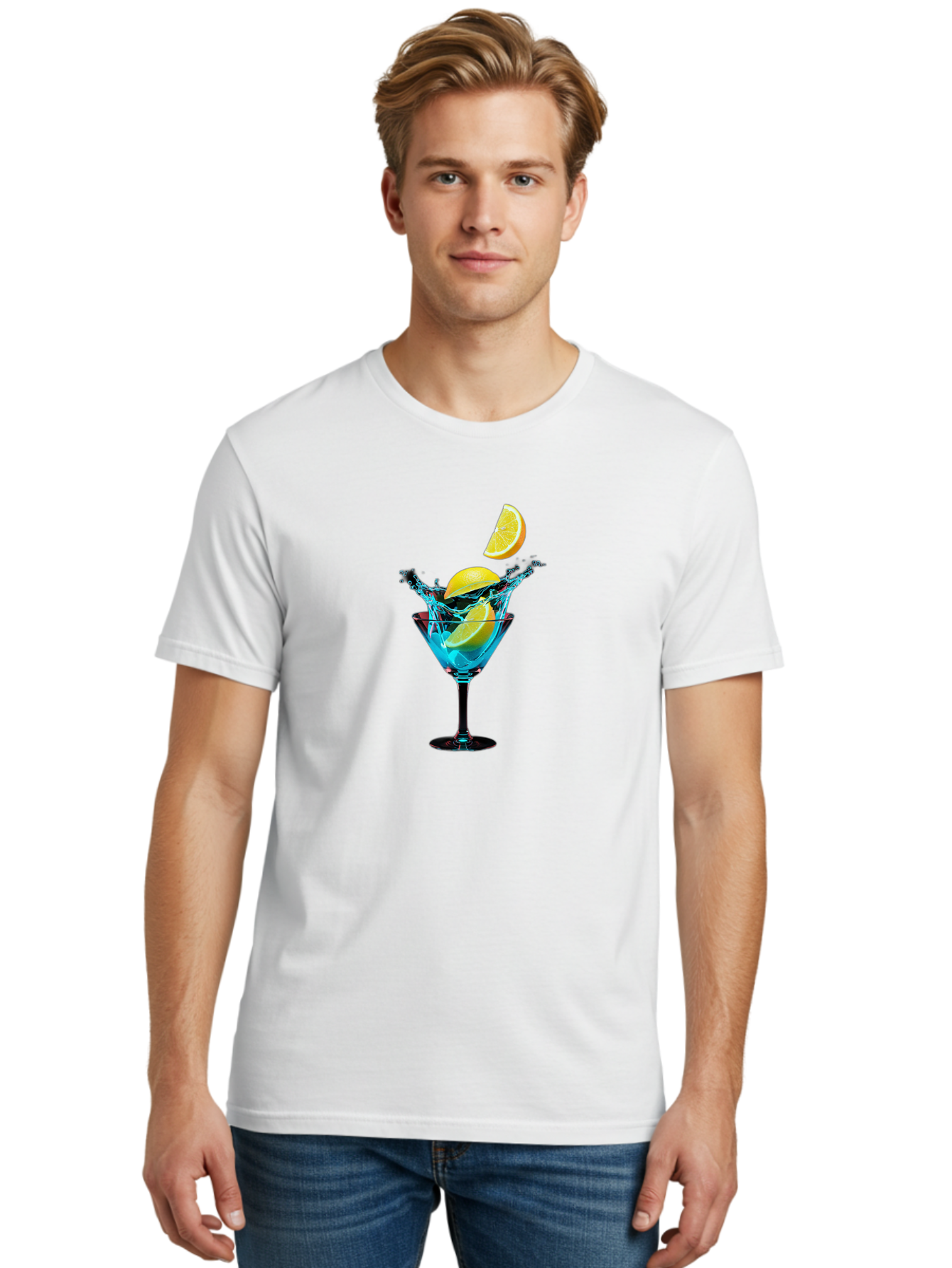 Martini-Glass-With-Lemon-Splash Men'S Graphic Tee, 100% Cotton, Comfortable Casual Summer Wear, Machine Washable, Martini Glass, Citrus Slice, Splash Effect, Refreshing Drink, Citrusy Flavor, Cocktail Hour, Citrus Twist, Blue Liquid Bad304