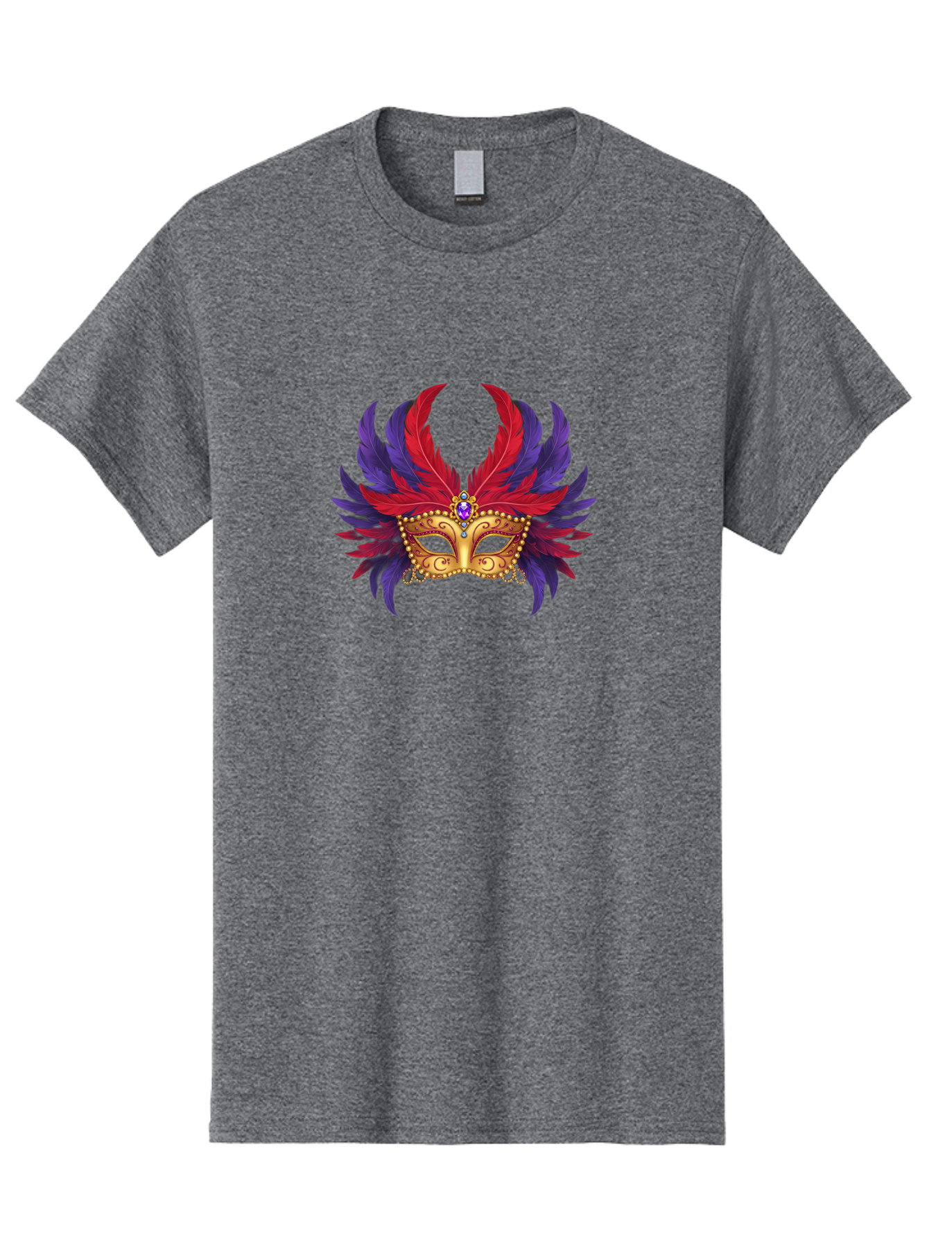 Masquerade-Mask Men'S Graphic Tee, 100% Cotton, Comfortable Casual Summer Wear, Machine Washable, Masquerade Ball Mask, Venetian Mask, Feathered Mask, Gold Mask, Purple Gemstone, Red And Purple Feathers, Mardi Gras Mask, Carnival Mask, Bad308
