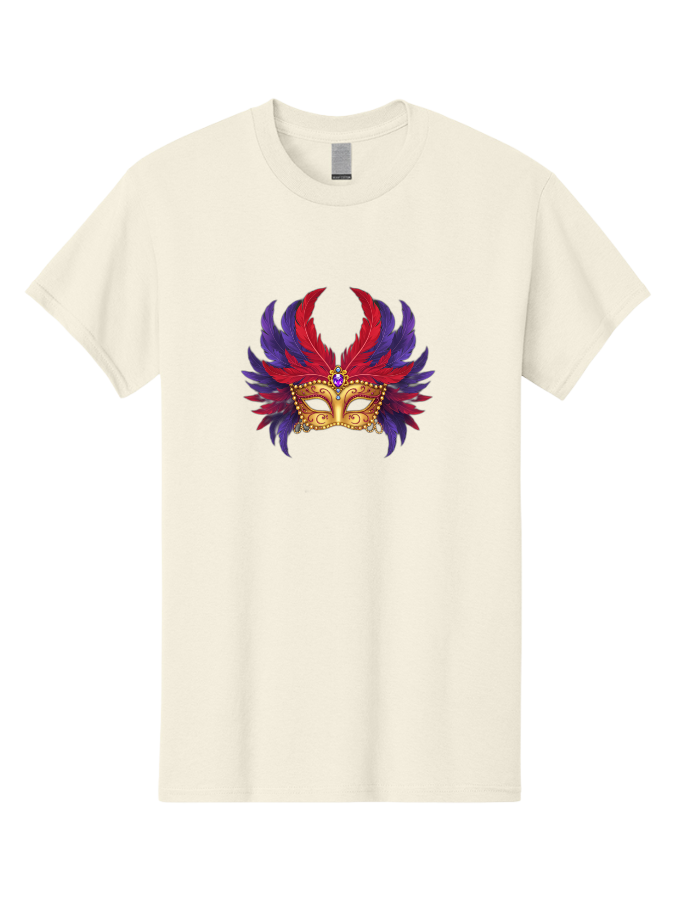 Masquerade-Mask Men'S Graphic Tee, 100% Cotton, Comfortable Casual Summer Wear, Machine Washable, Masquerade Ball Mask, Venetian Mask, Feathered Mask, Gold Mask, Purple Gemstone, Red And Purple Feathers, Mardi Gras Mask, Carnival Mask, Bad308