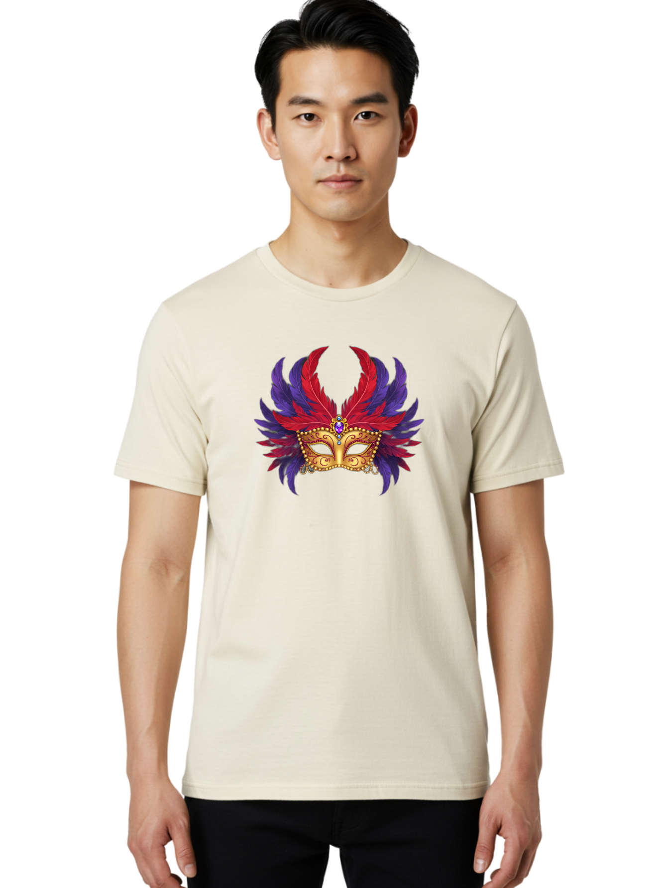 Masquerade-Mask Men'S Graphic Tee, 100% Cotton, Comfortable Casual Summer Wear, Machine Washable, Masquerade Ball Mask, Venetian Mask, Feathered Mask, Gold Mask, Purple Gemstone, Red And Purple Feathers, Mardi Gras Mask, Carnival Mask, Bad308