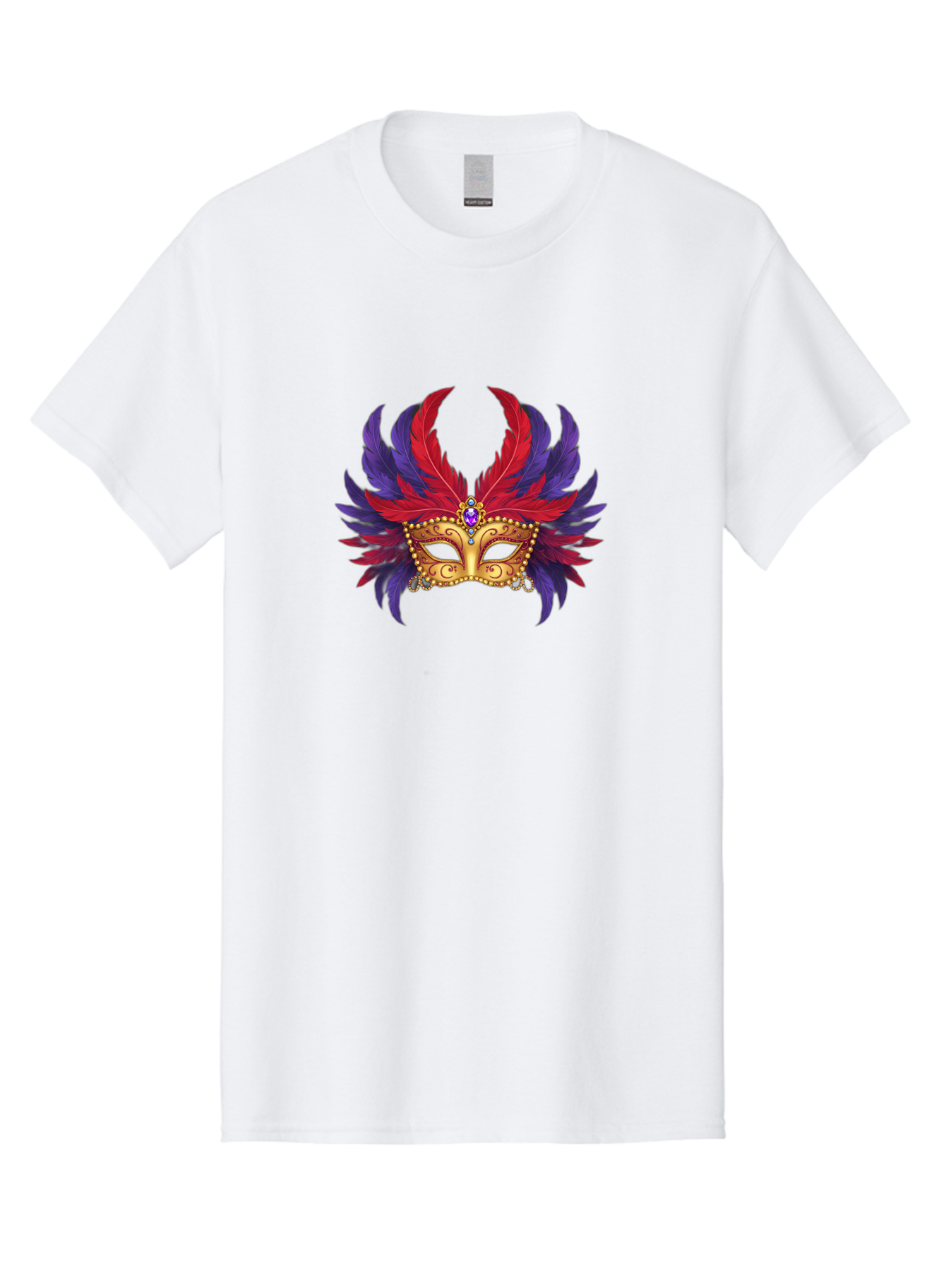 Masquerade-Mask Men'S Graphic Tee, 100% Cotton, Comfortable Casual Summer Wear, Machine Washable, Masquerade Ball Mask, Venetian Mask, Feathered Mask, Gold Mask, Purple Gemstone, Red And Purple Feathers, Mardi Gras Mask, Carnival Mask, Bad308