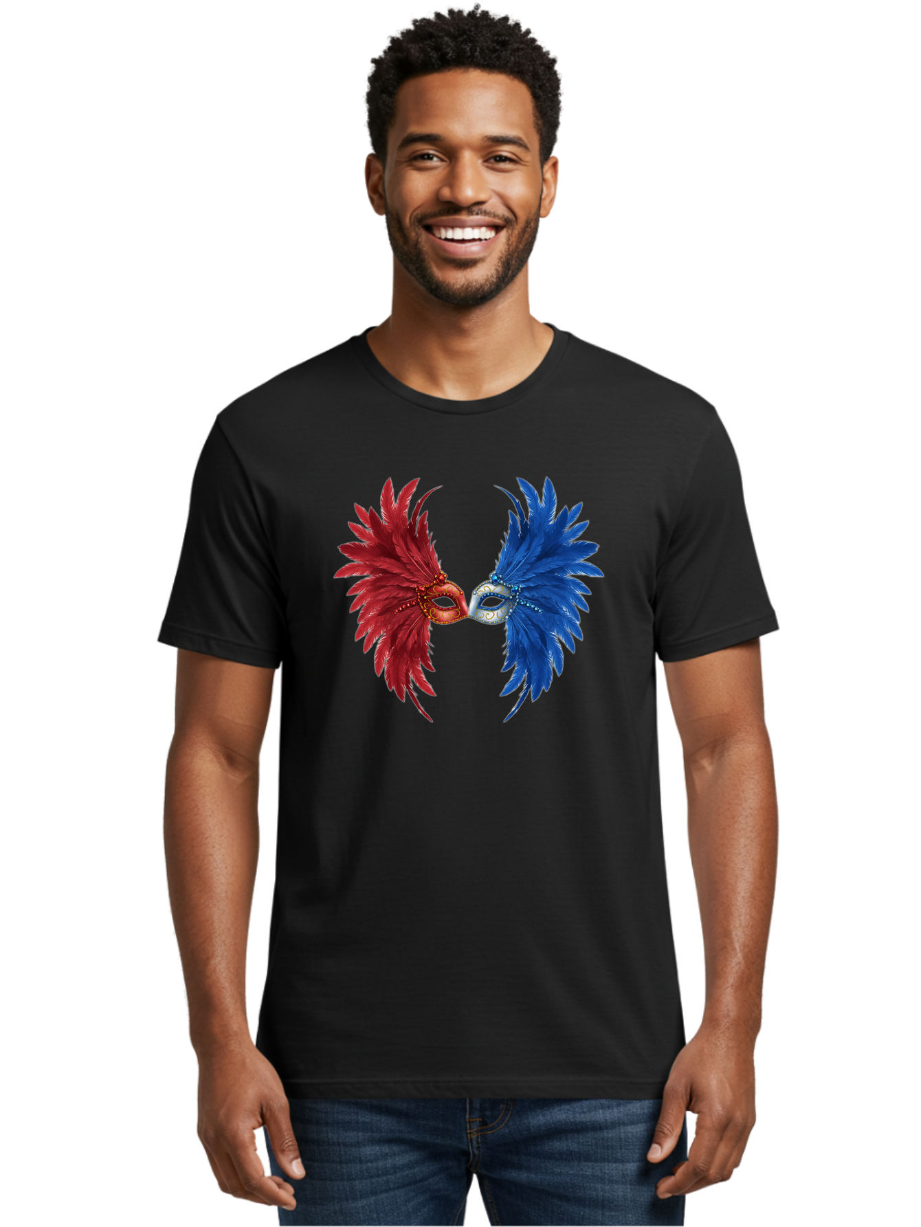 Masquerade-Masks Men'S Graphic Tee, 100% Cotton, Comfortable Casual Summer Wear, Machine Washable, Masquerade Masks, Red And Blue Feathers, Decorative Mask, Kiss, Carnival Celebration, Festive Atmosphere, Party Accessories, Costume Jewelry, Bad309