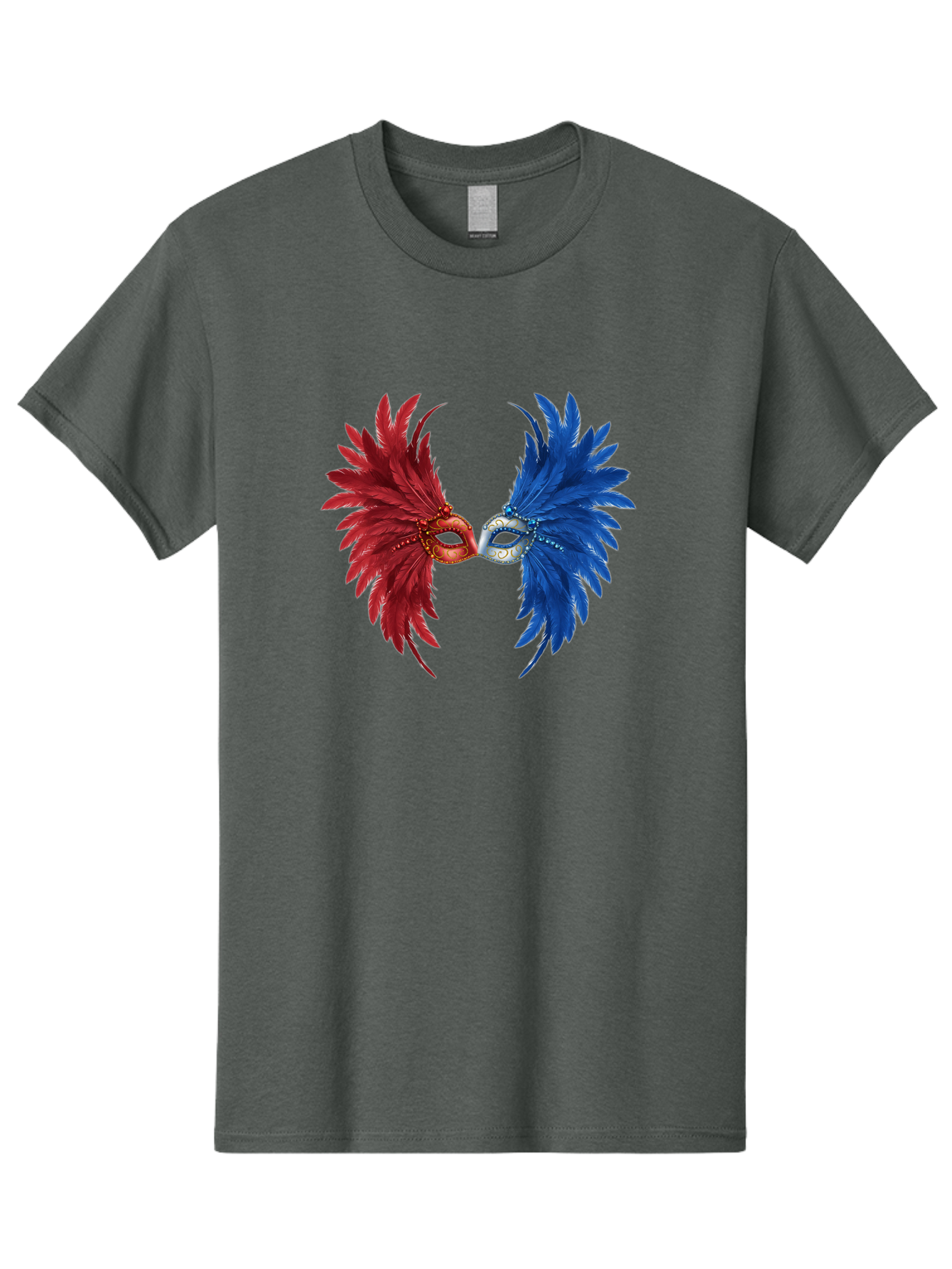 Masquerade-Masks Men'S Graphic Tee, 100% Cotton, Comfortable Casual Summer Wear, Machine Washable, Masquerade Masks, Red And Blue Feathers, Decorative Mask, Kiss, Carnival Celebration, Festive Atmosphere, Party Accessories, Costume Jewelry, Bad309