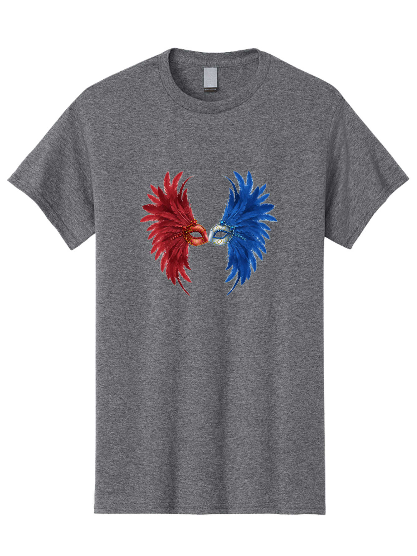 Masquerade-Masks Men'S Graphic Tee, 100% Cotton, Comfortable Casual Summer Wear, Machine Washable, Masquerade Masks, Red And Blue Feathers, Decorative Mask, Kiss, Carnival Celebration, Festive Atmosphere, Party Accessories, Costume Jewelry, Bad309