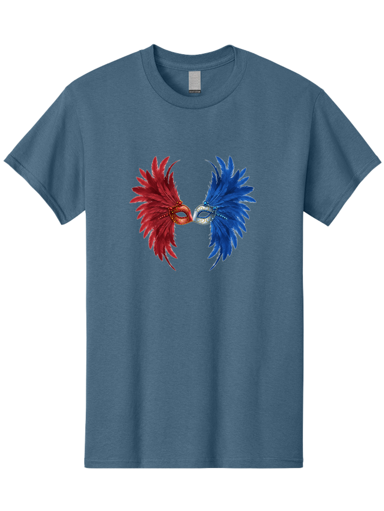 Masquerade-Masks Men'S Graphic Tee, 100% Cotton, Comfortable Casual Summer Wear, Machine Washable, Masquerade Masks, Red And Blue Feathers, Decorative Mask, Kiss, Carnival Celebration, Festive Atmosphere, Party Accessories, Costume Jewelry, Bad309