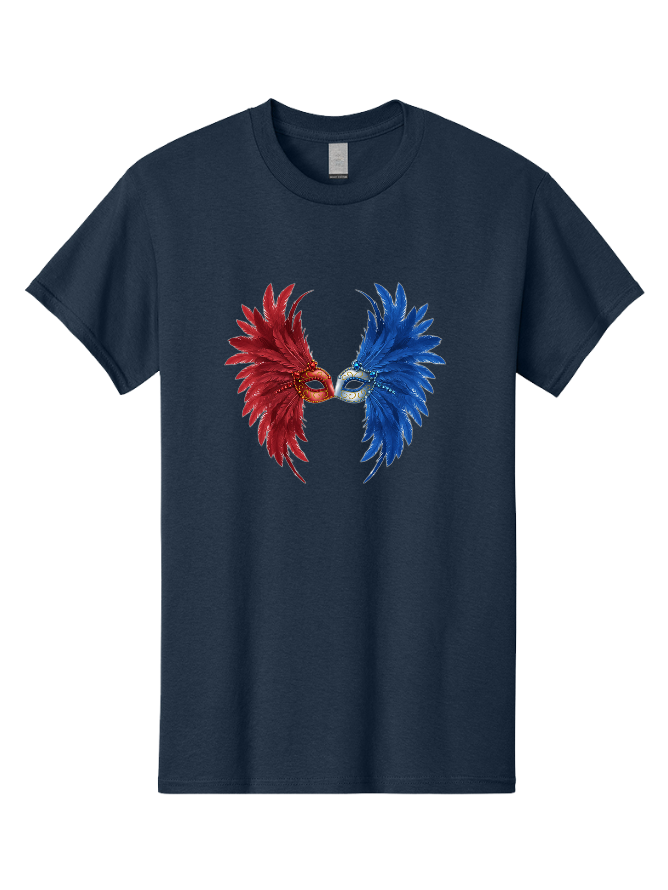 Masquerade-Masks Men'S Graphic Tee, 100% Cotton, Comfortable Casual Summer Wear, Machine Washable, Masquerade Masks, Red And Blue Feathers, Decorative Mask, Kiss, Carnival Celebration, Festive Atmosphere, Party Accessories, Costume Jewelry, Bad309