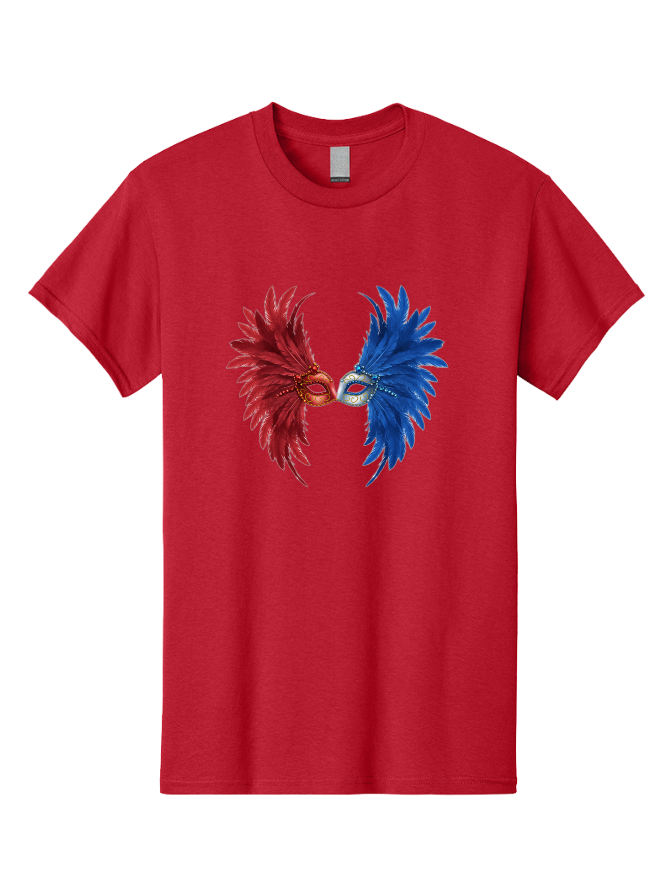 Masquerade-Masks Men'S Graphic Tee, 100% Cotton, Comfortable Casual Summer Wear, Machine Washable, Masquerade Masks, Red And Blue Feathers, Decorative Mask, Kiss, Carnival Celebration, Festive Atmosphere, Party Accessories, Costume Jewelry, Bad309