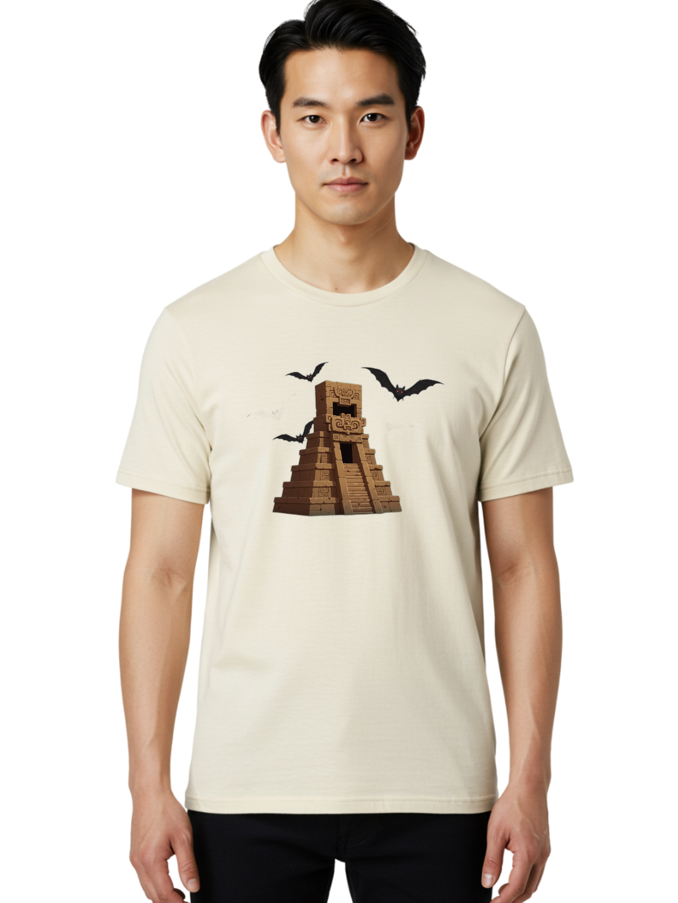 Mayan-Temple Men'S Graphic Tee, 100% Cotton, Comfortable Casual Summer Wear, Machine Washable, Mayan Temple, Ancient Architecture, Mystical Bats, Mysterious Structure, Intricate Carvings, Stairs To The Unknown, Mysterious Eyes, Bad310