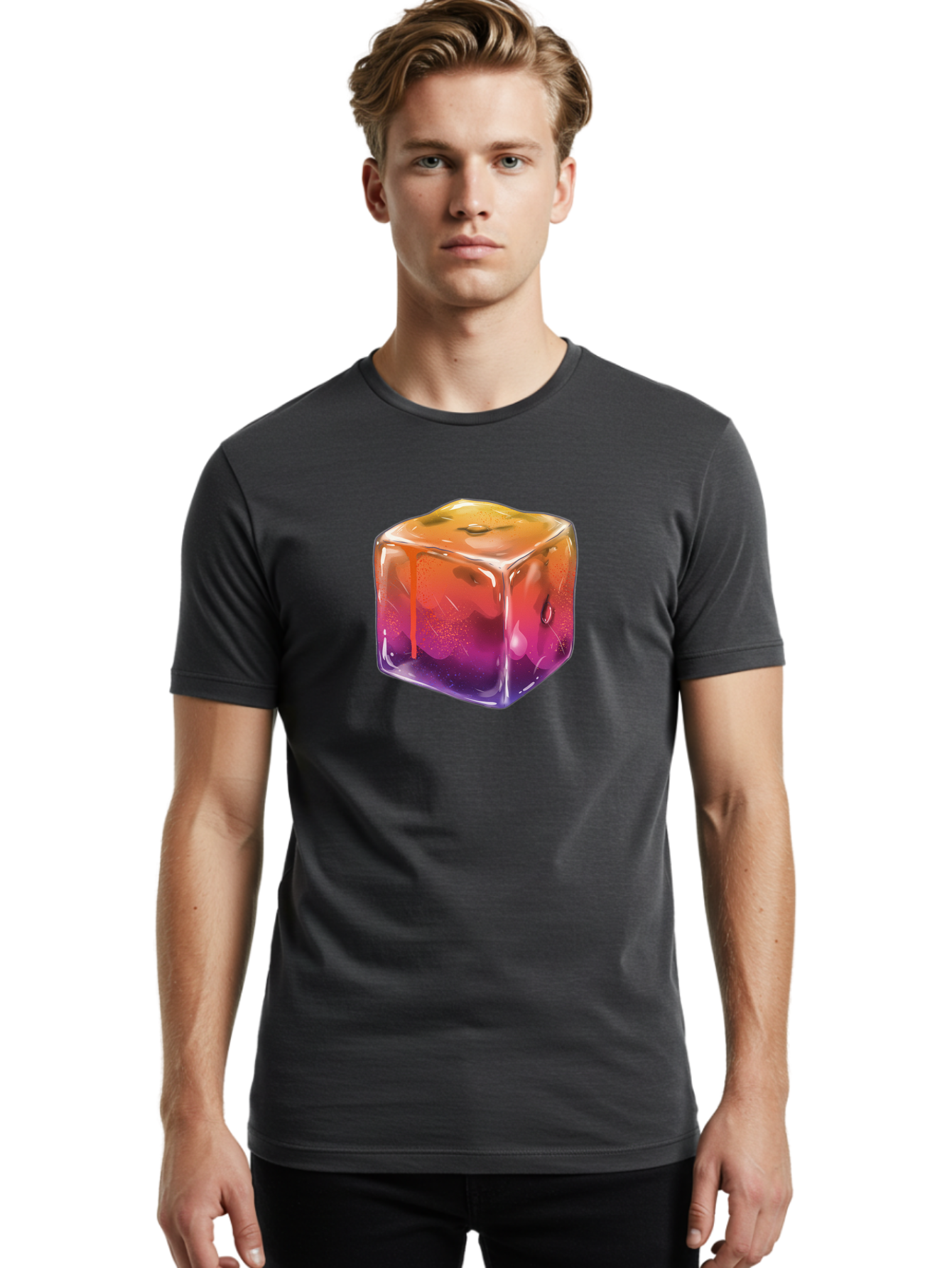 Melting-Ice-Cube Men'S Graphic Tee, 100% Cotton, Comfortable Casual Summer Wear, Machine Washable, Melting Ice Cube, Orange To Purple Gradient, Water Droplets, Melting Effect, Cool Design, Vibrant Colors, Refreshing Feel, Digital Art, Bad311