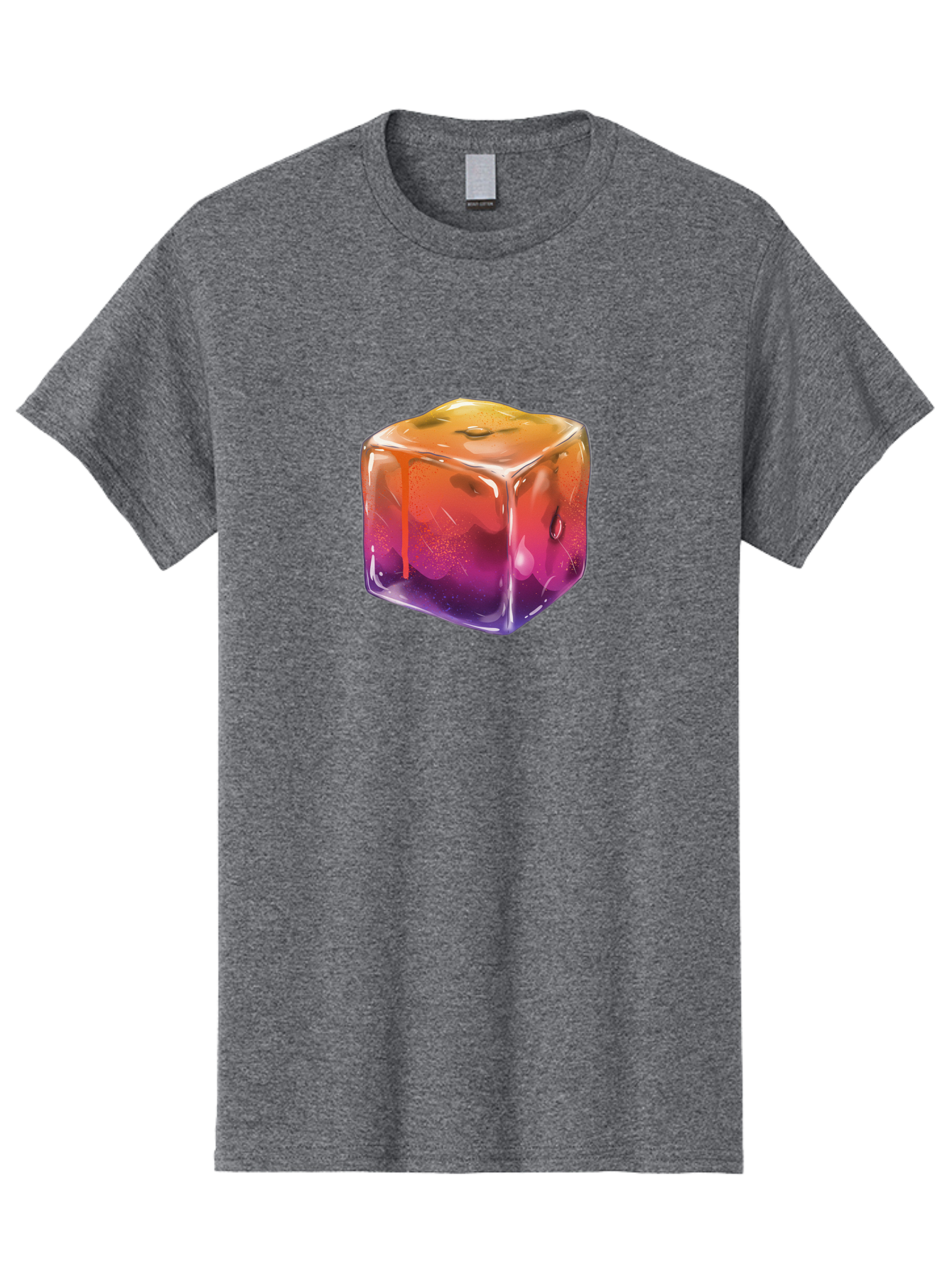 Melting-Ice-Cube Men'S Graphic Tee, 100% Cotton, Comfortable Casual Summer Wear, Machine Washable, Melting Ice Cube, Orange To Purple Gradient, Water Droplets, Melting Effect, Cool Design, Vibrant Colors, Refreshing Feel, Digital Art, Bad311